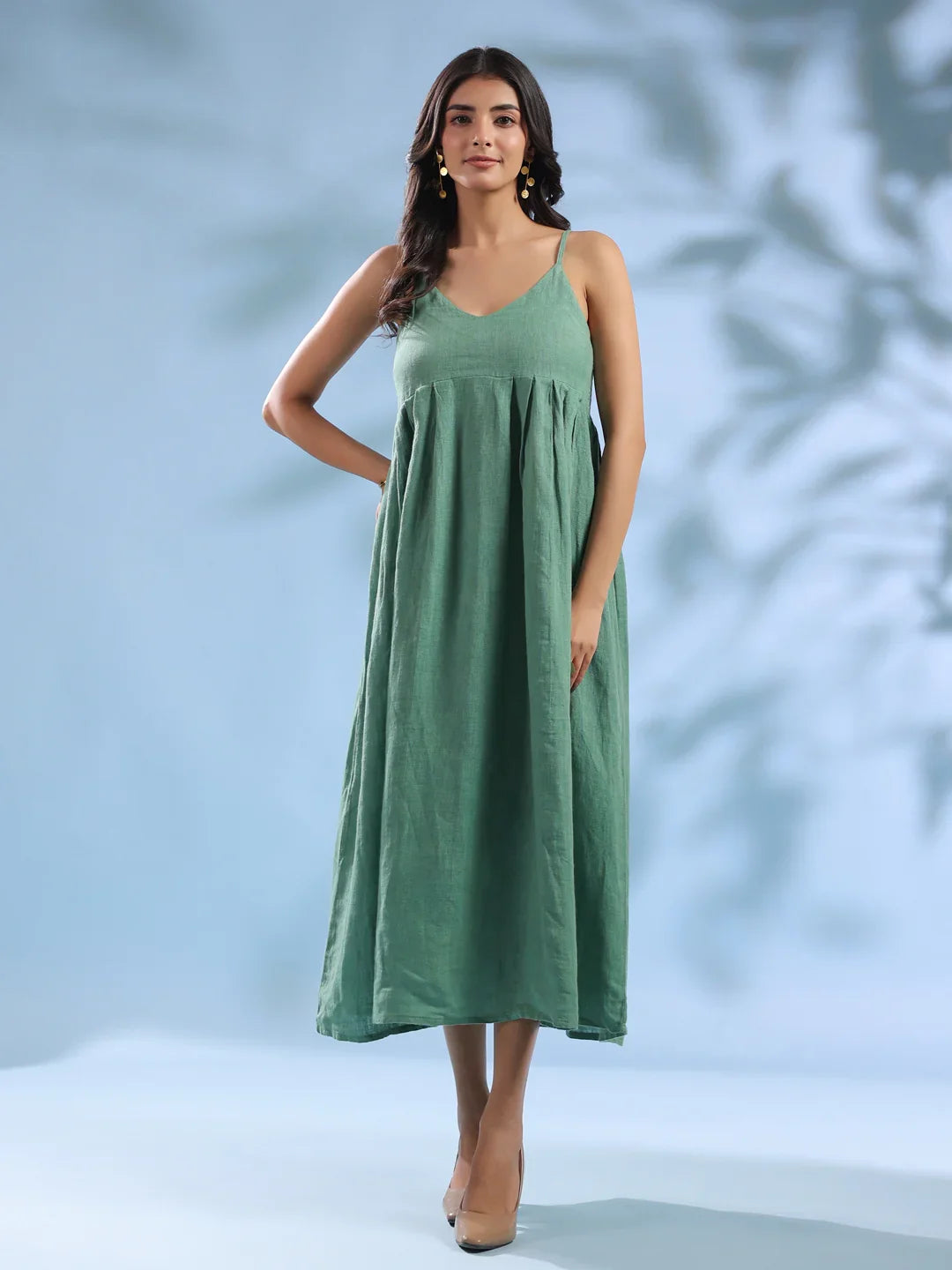 Green Dyed Linen V-Neck Dresses for Women - SanskrutiHomes