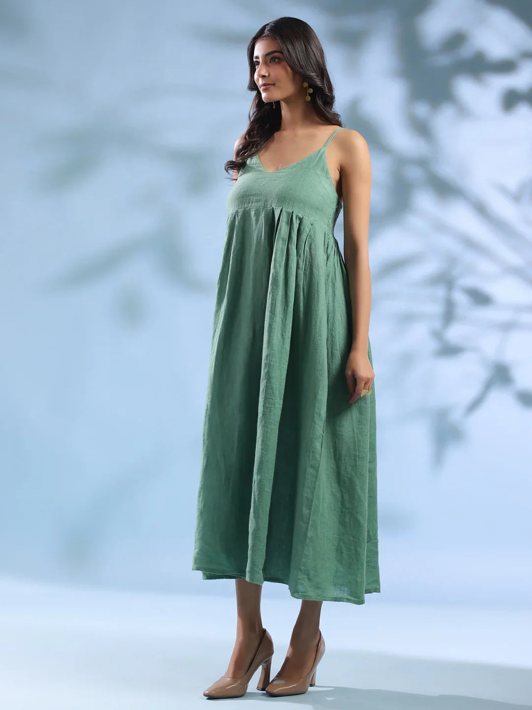 Green Dyed Linen V-Neck Dresses for Women - SanskrutiHomes
