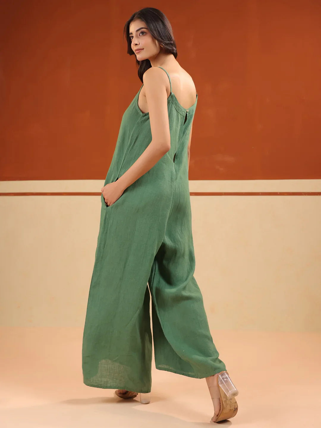Green Solid Linen V-Neck Jumpsuit For Women