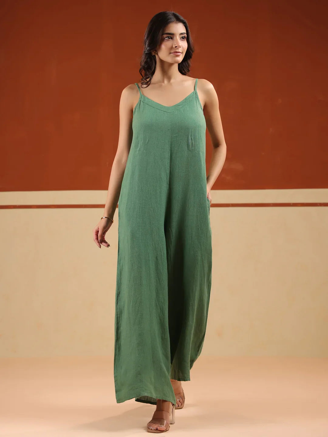 Green Solid Linen V-Neck Jumpsuit For Women