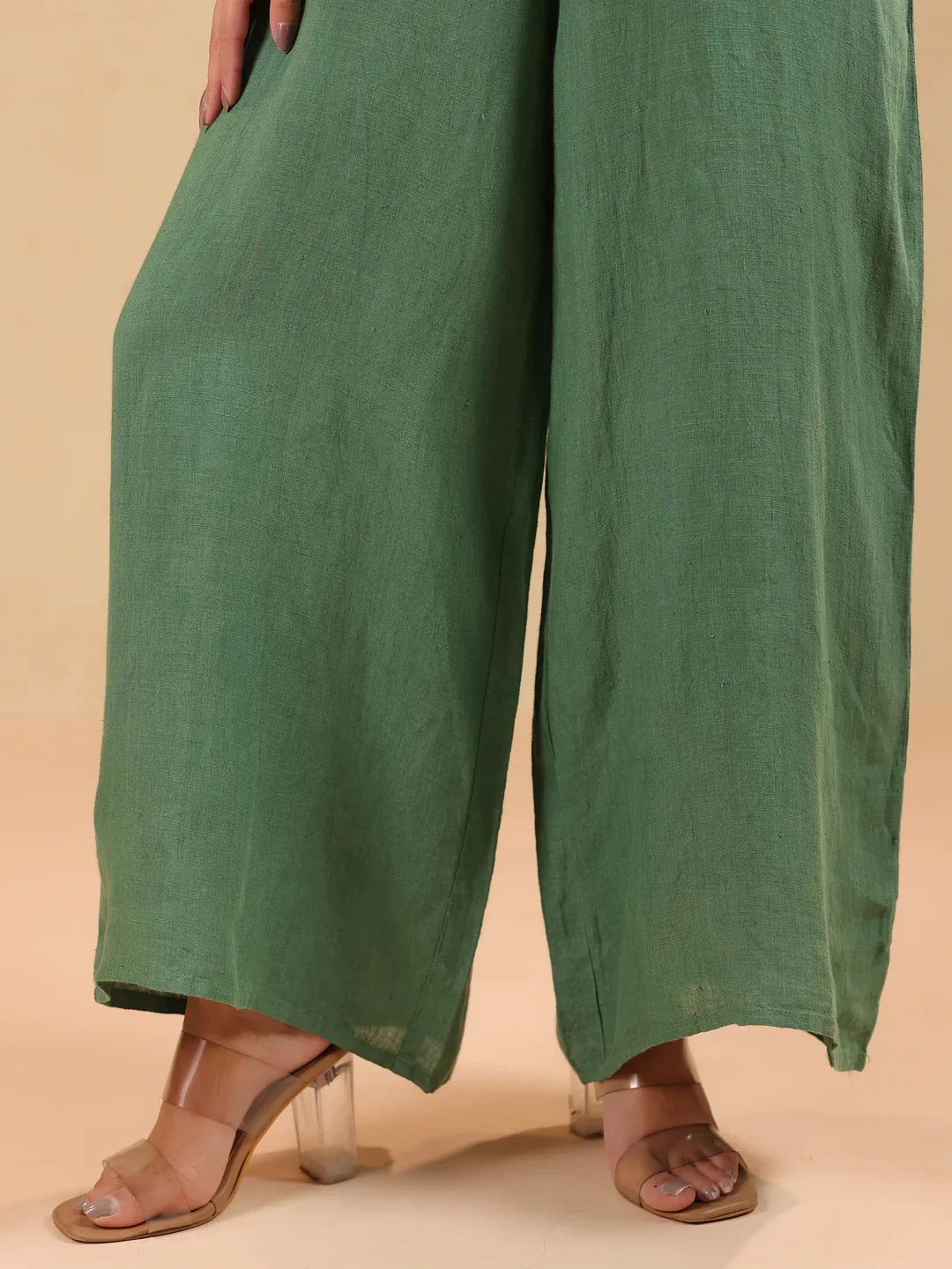 Green Solid Linen V-Neck Jumpsuit For Women