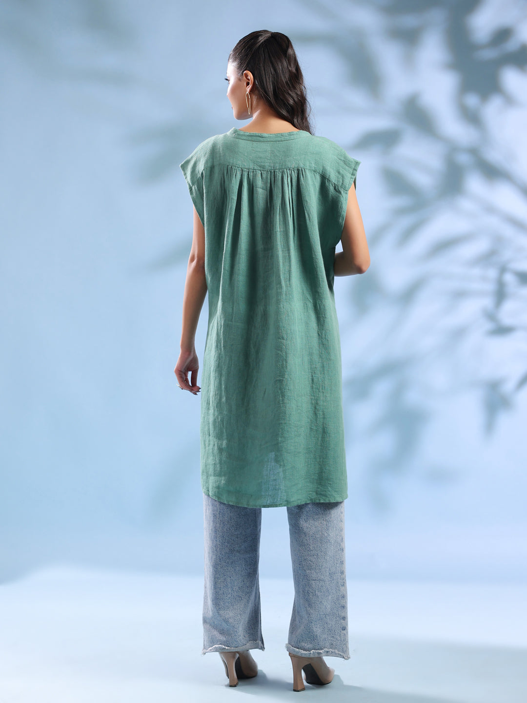 Green Solid Print Linen V-Neck Dresses for Women
