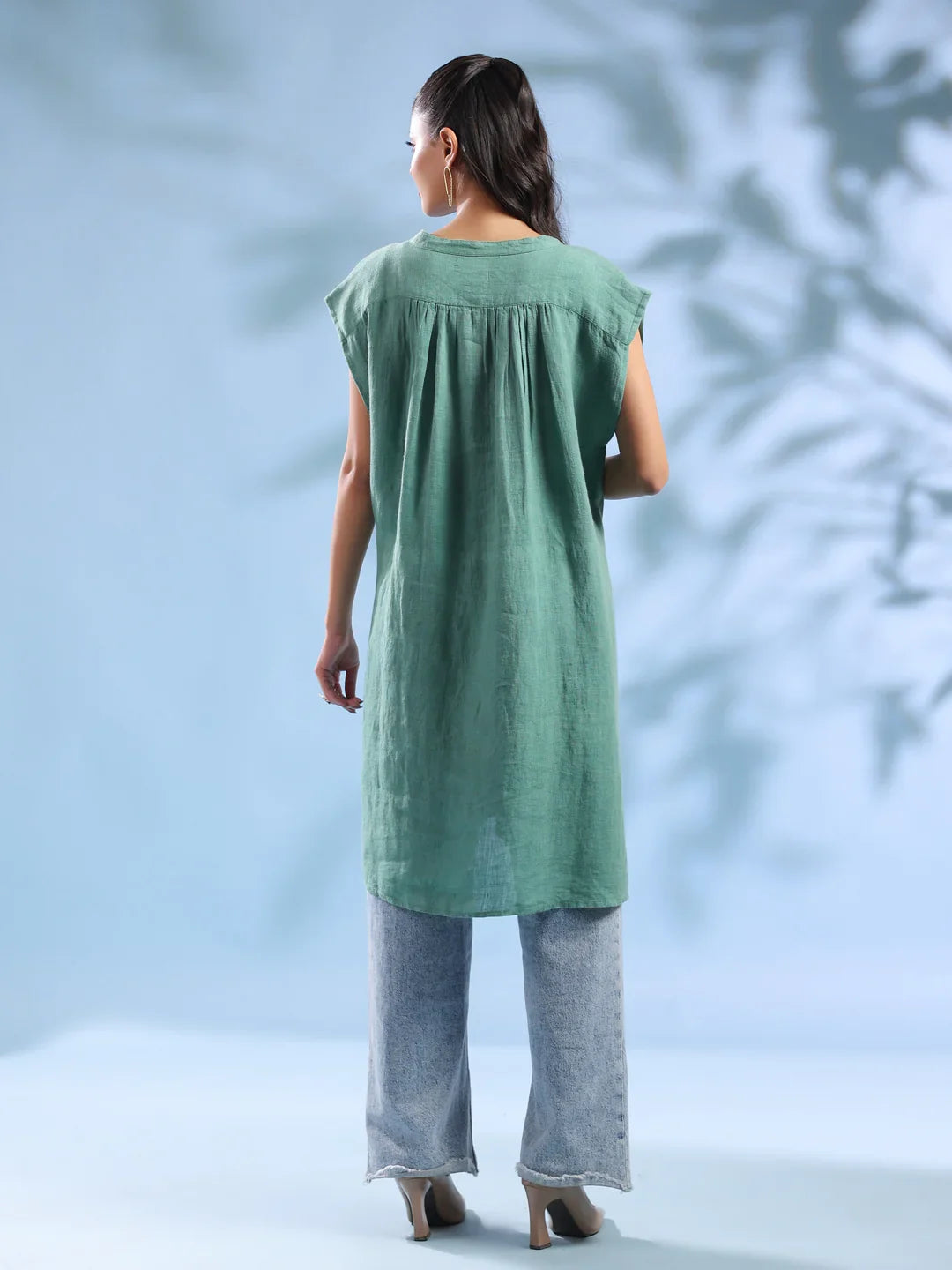 Green Solid Print Linen V-Neck Dresses for Women - SanskrutiHomes