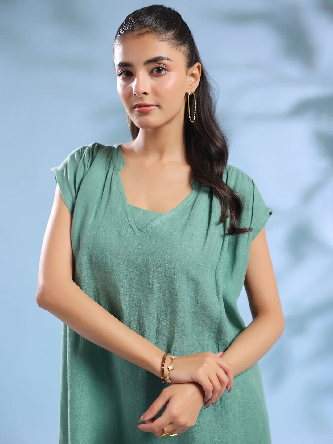 Green Solid Print Linen V-Neck Dresses for Women - SanskrutiHomes