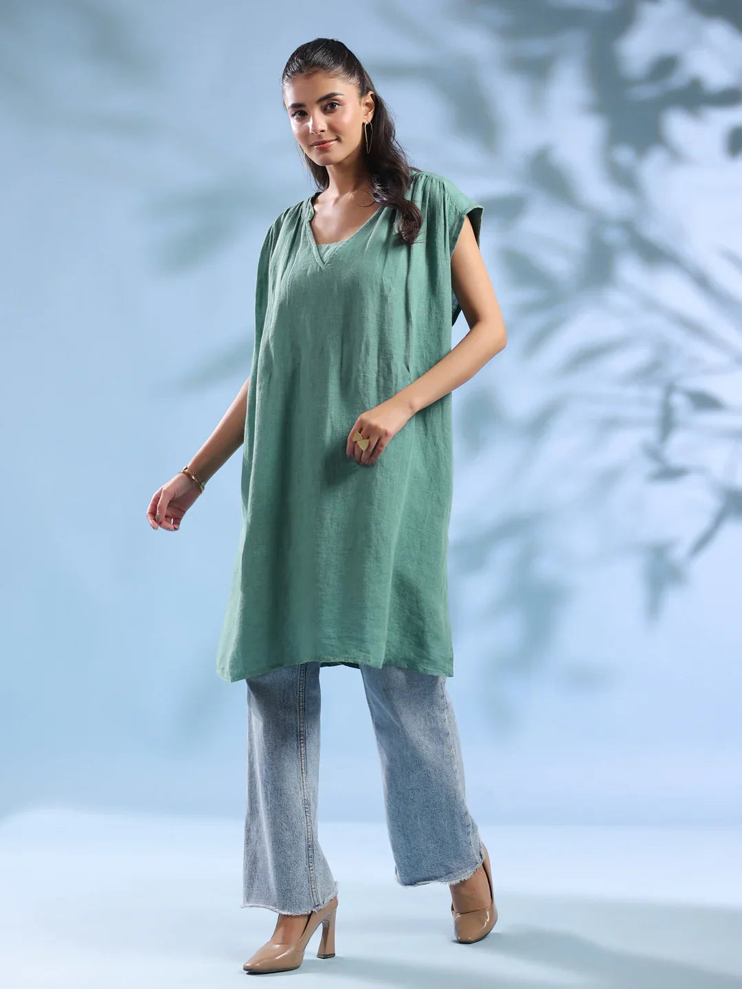 Green Solid Print Linen V-Neck Dresses for Women - SanskrutiHomes