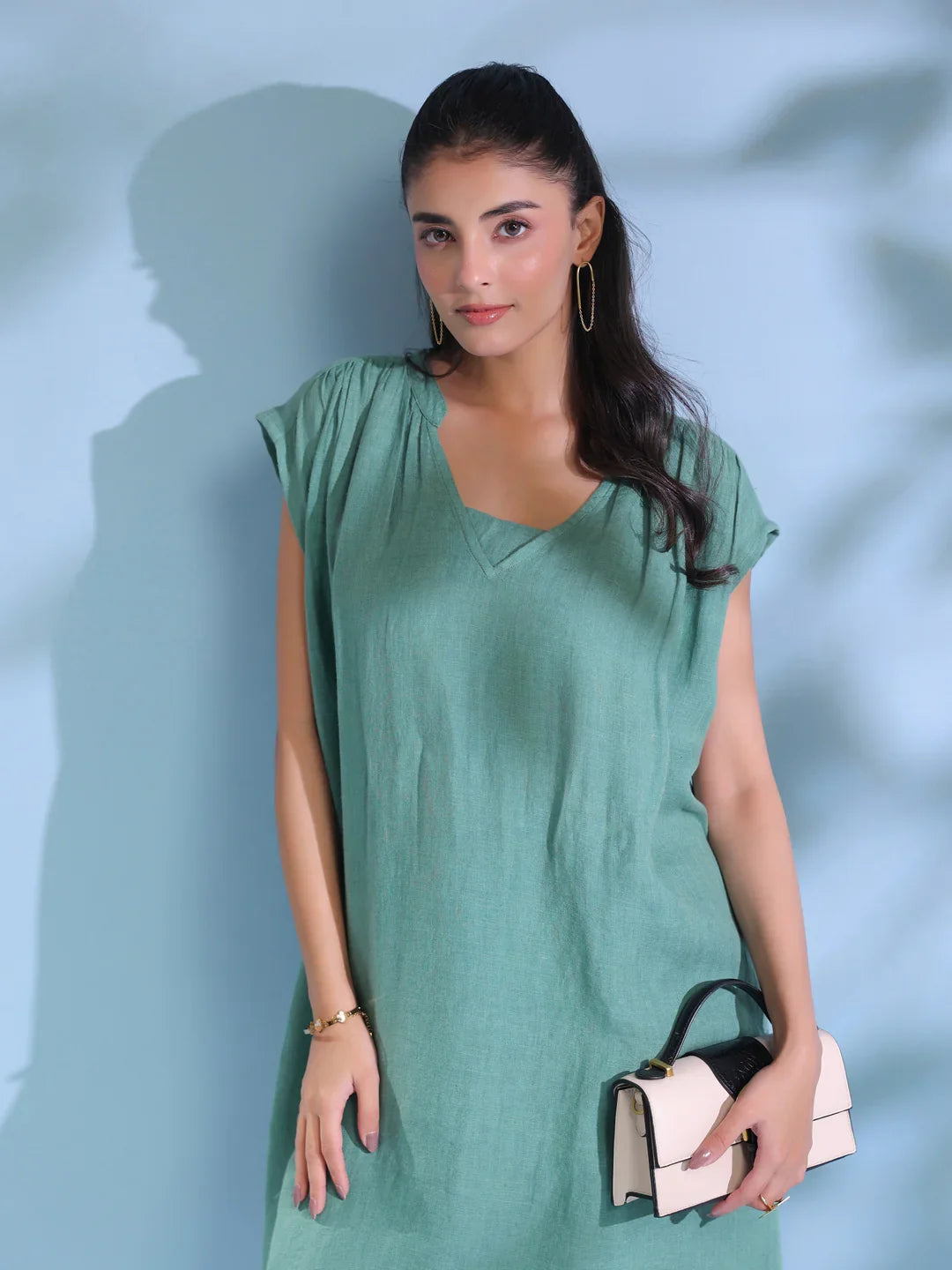 Green Solid Print Linen V-Neck Dresses for Women - SanskrutiHomes