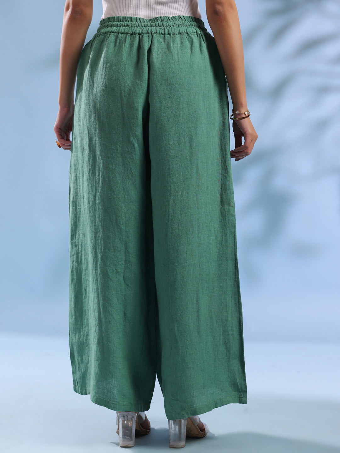 Green Solid Drawstring Linen Lounge Pants for Women