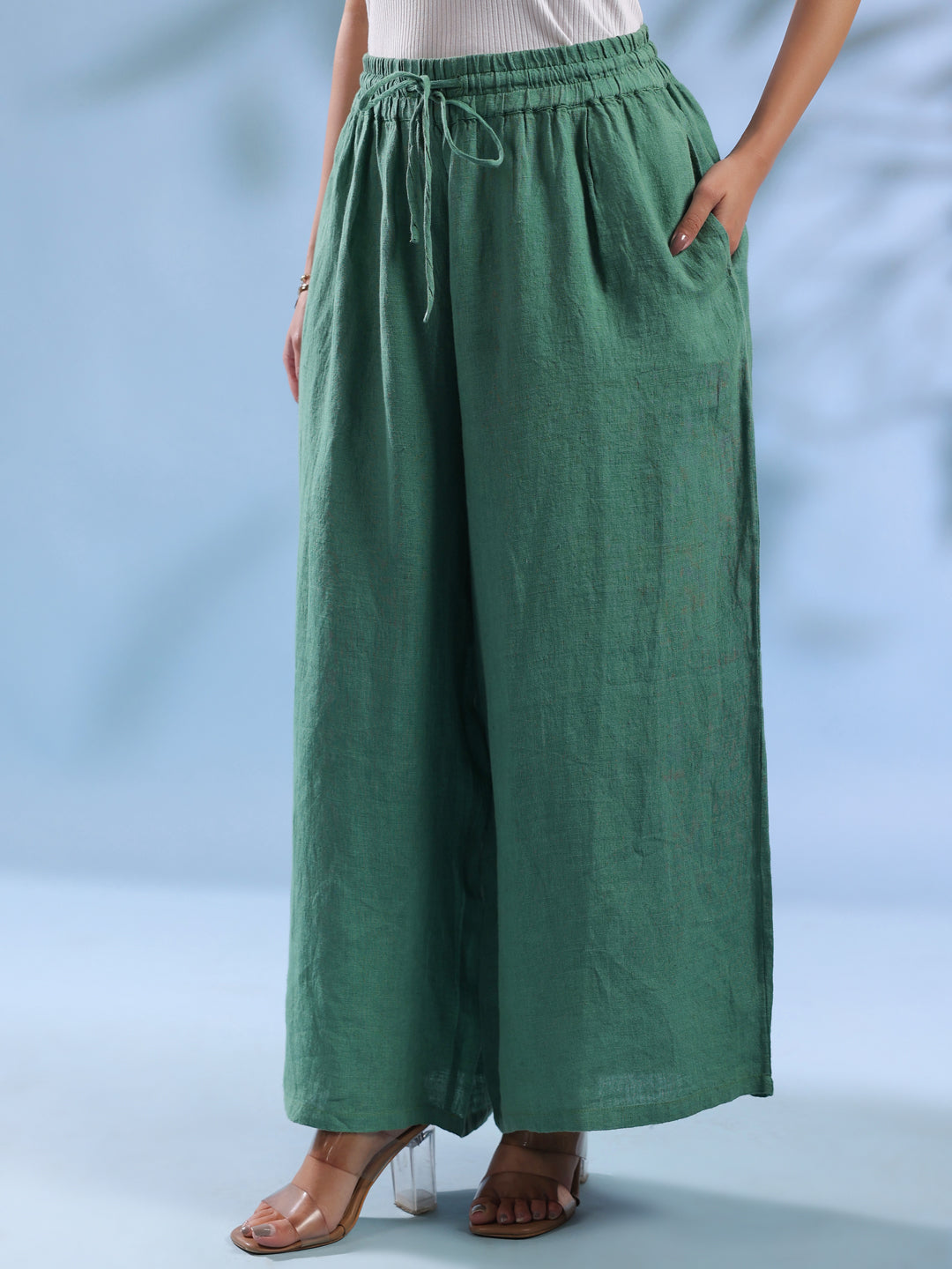 Green Solid Drawstring Linen Lounge Pants for Women