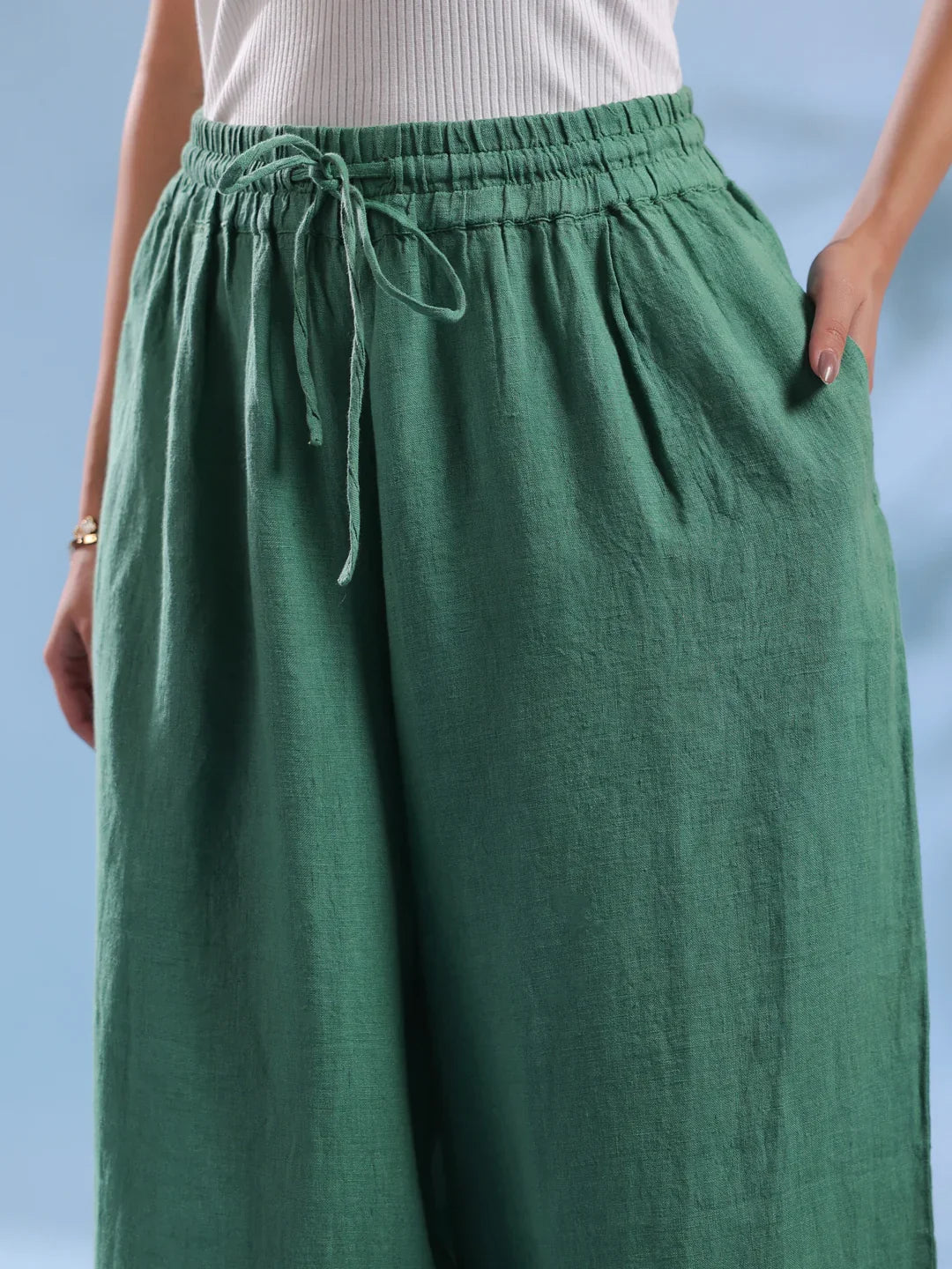 Green Solid Drawstring Linen Lounge Pants for Women - SanskrutiHomes