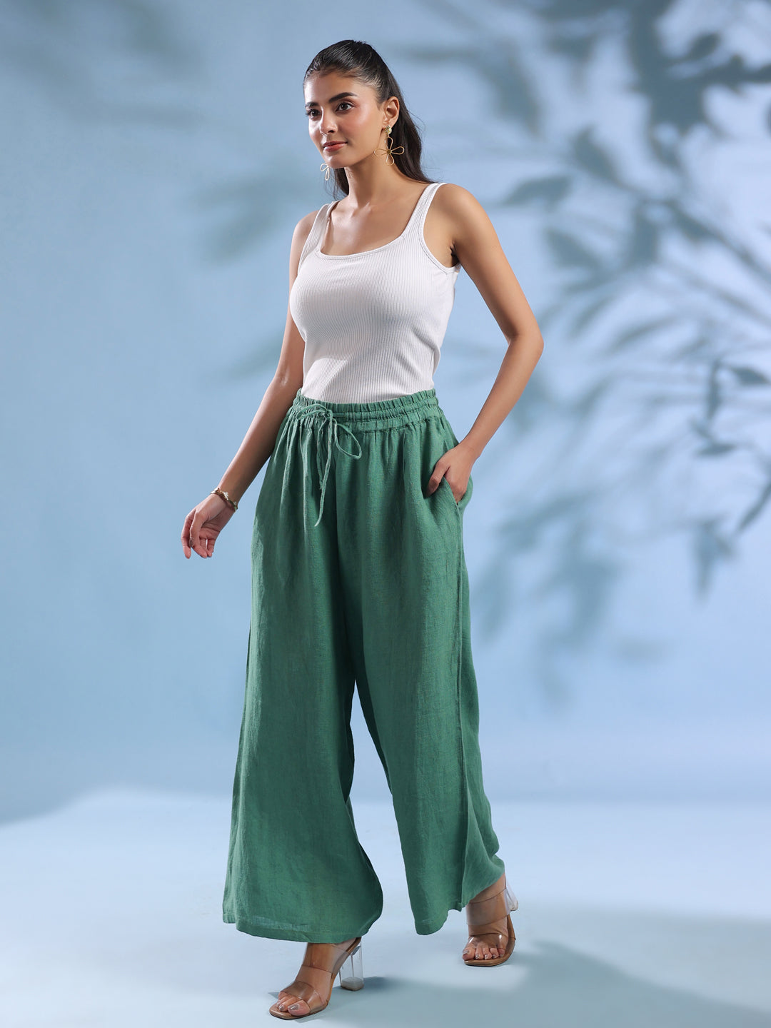 Green Solid Drawstring Linen Lounge Pants for Women