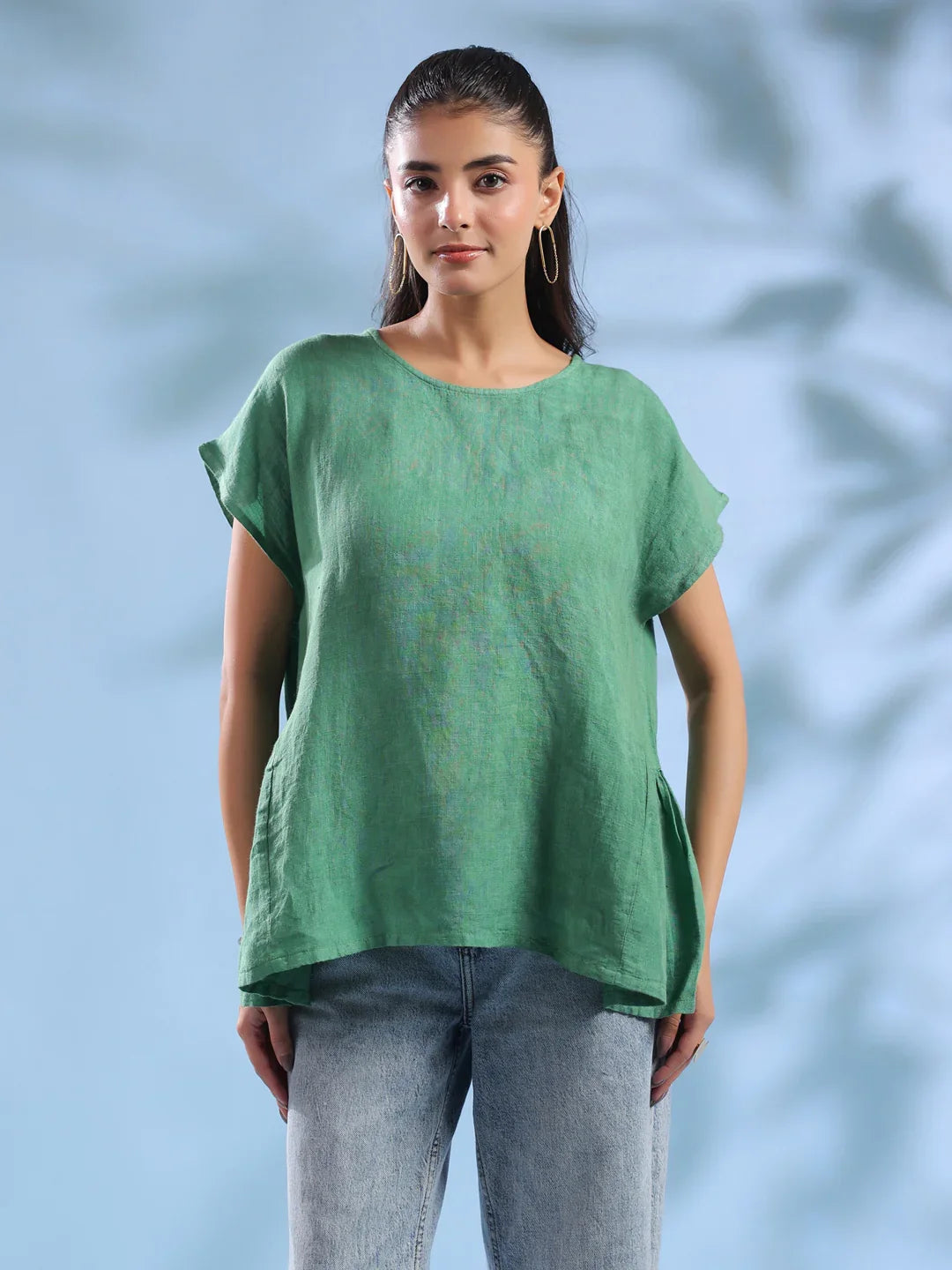 Green Solid Linen Round Neck Top For Women
