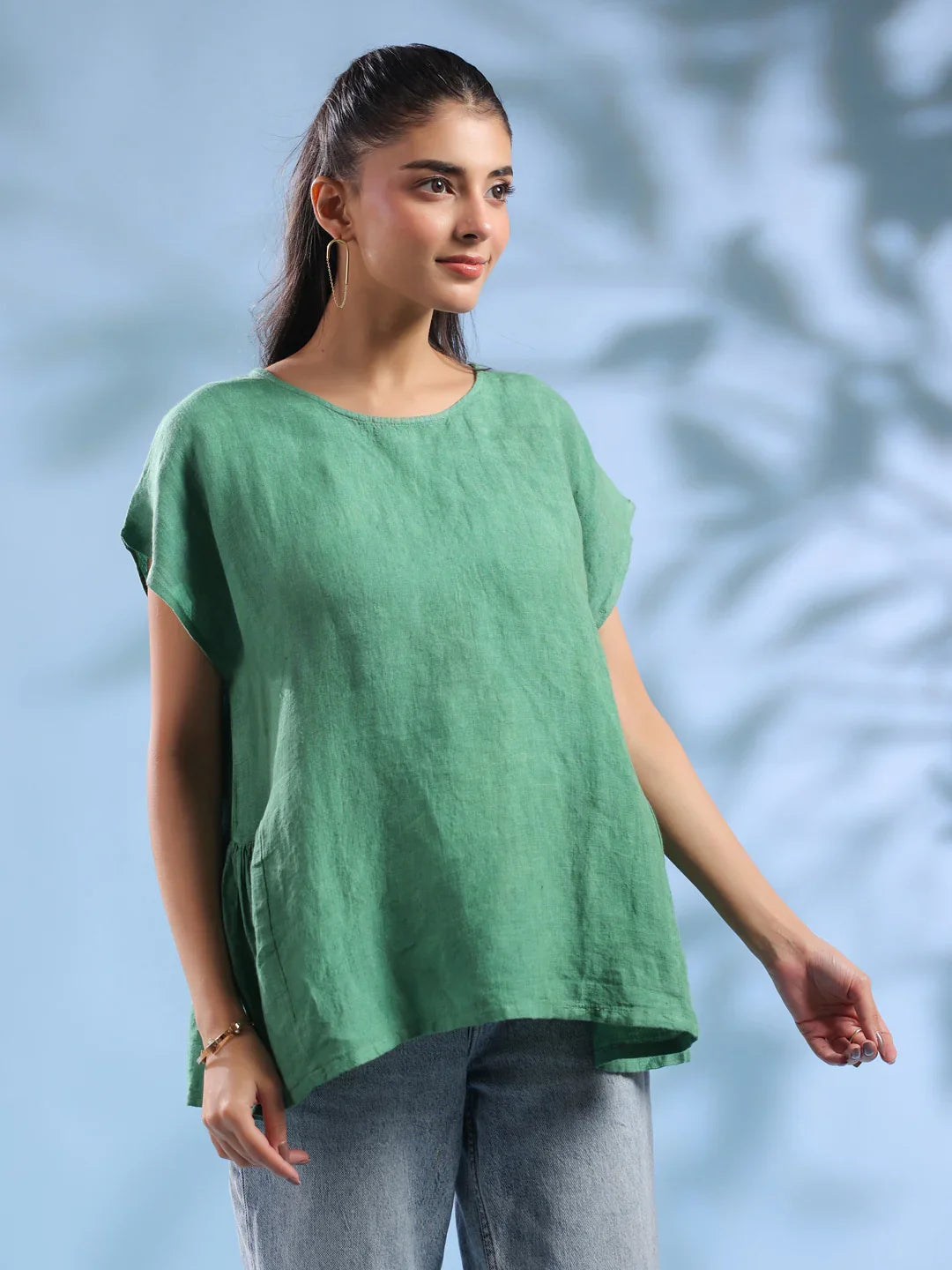 Green Solid Linen Round Neck Top For Women