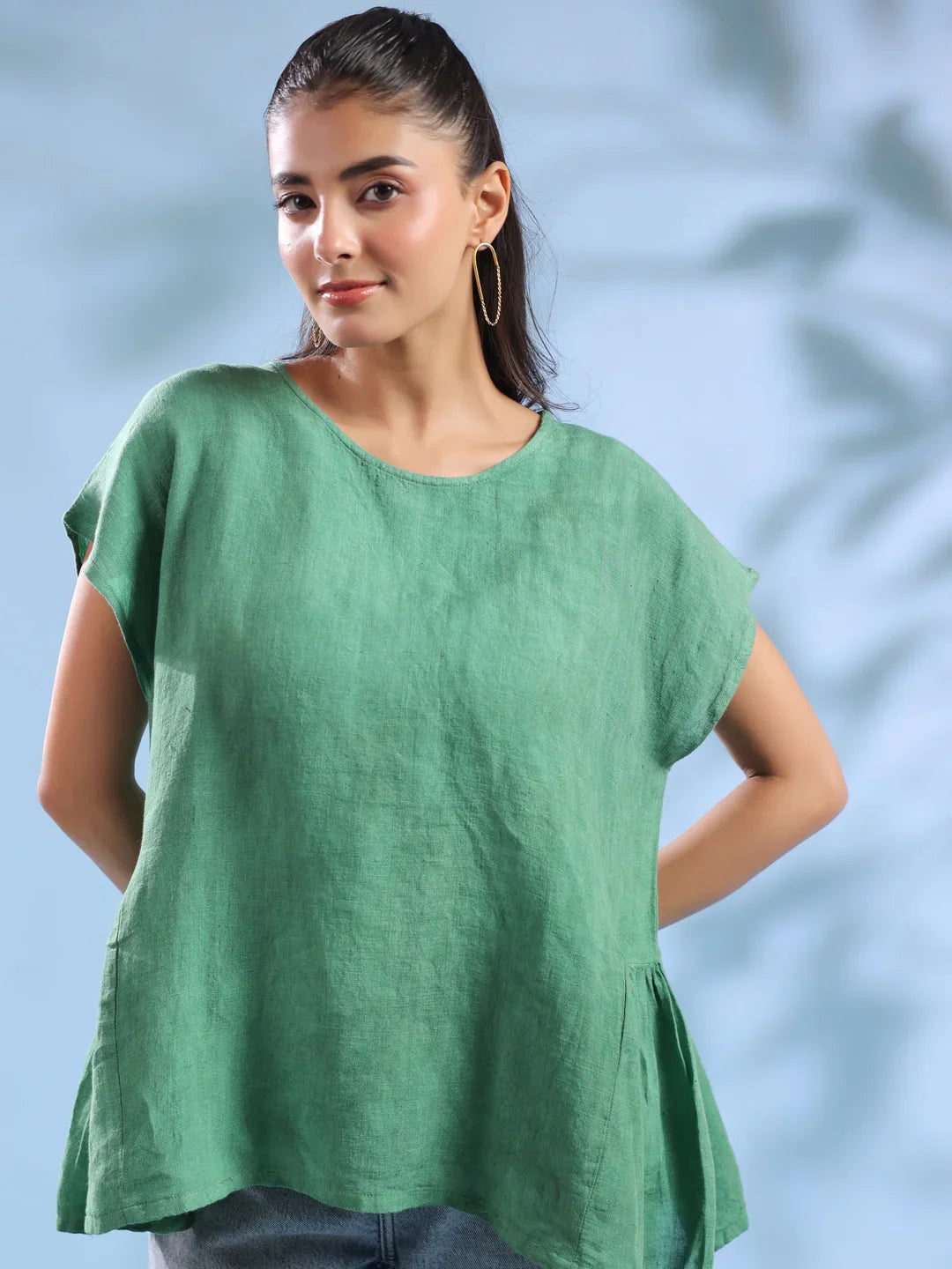 Green Solid Linen Round Neck Top For Women