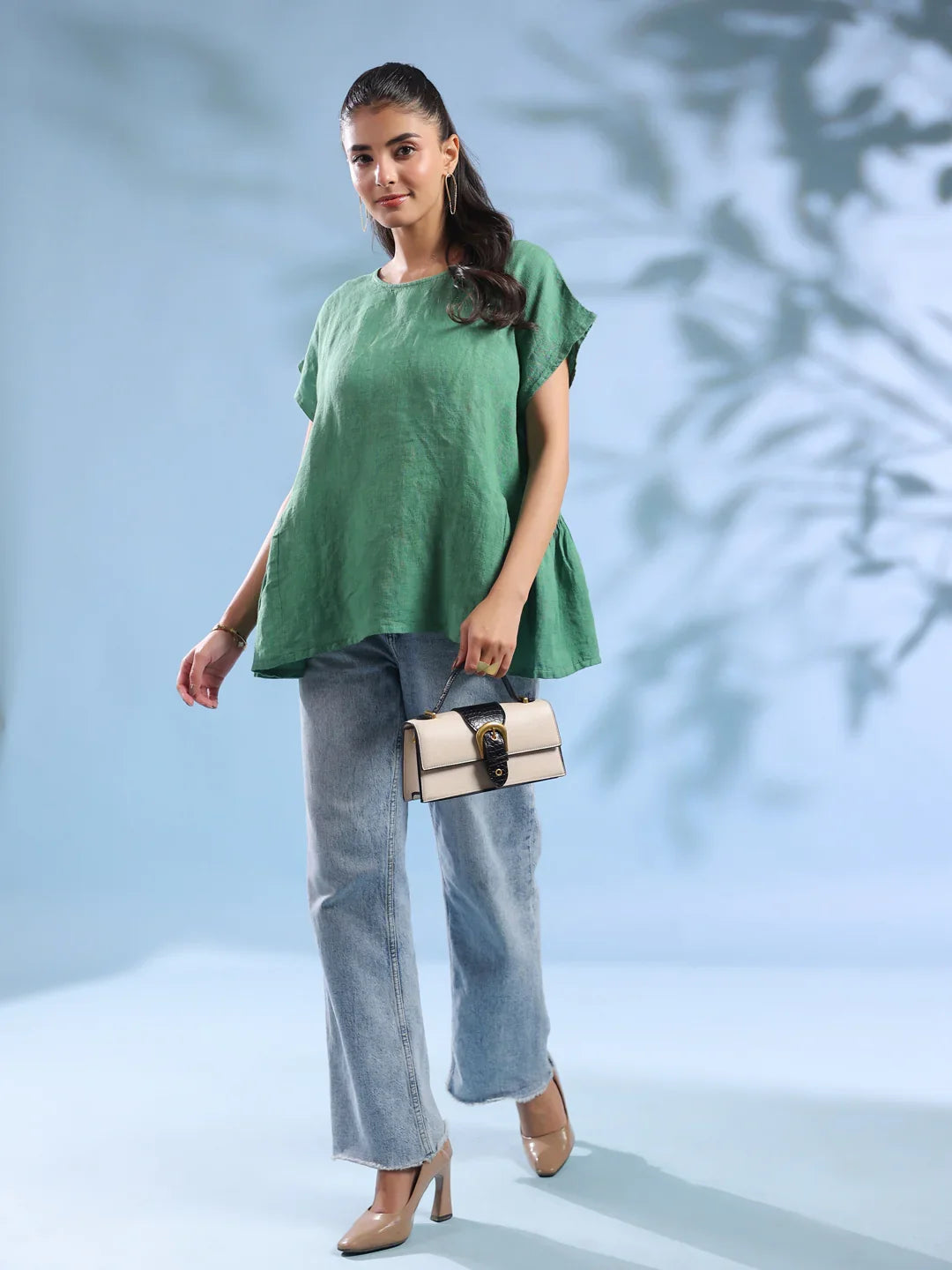 Green Solid Linen Round Neck Top For Women
