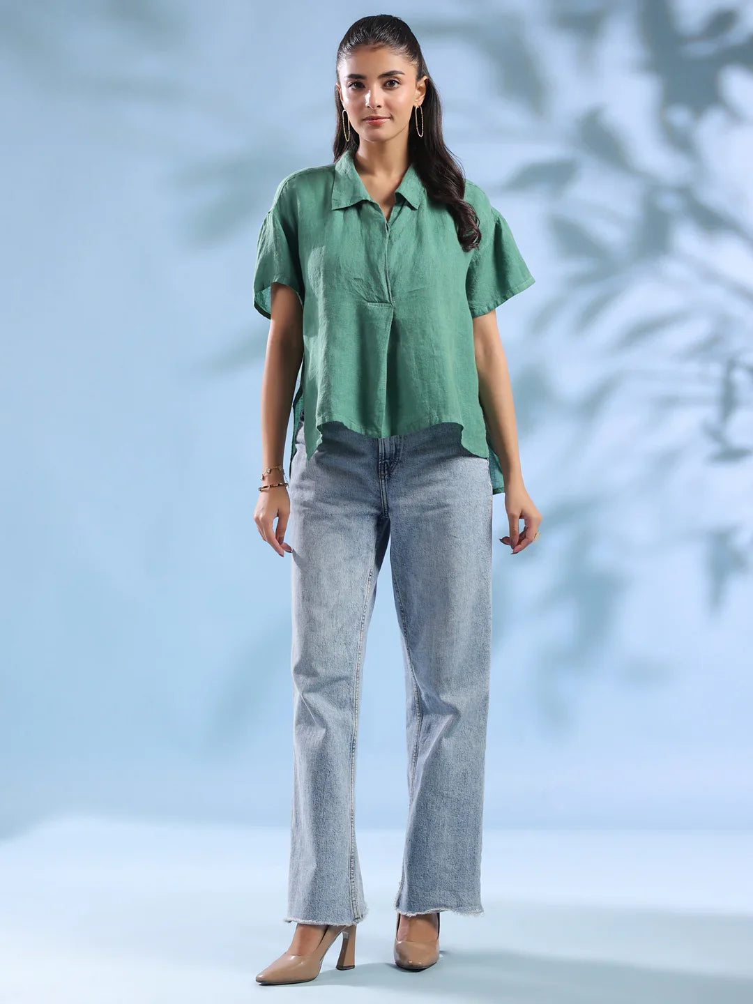 Green Solid Shirt Collar Linen Top For Women