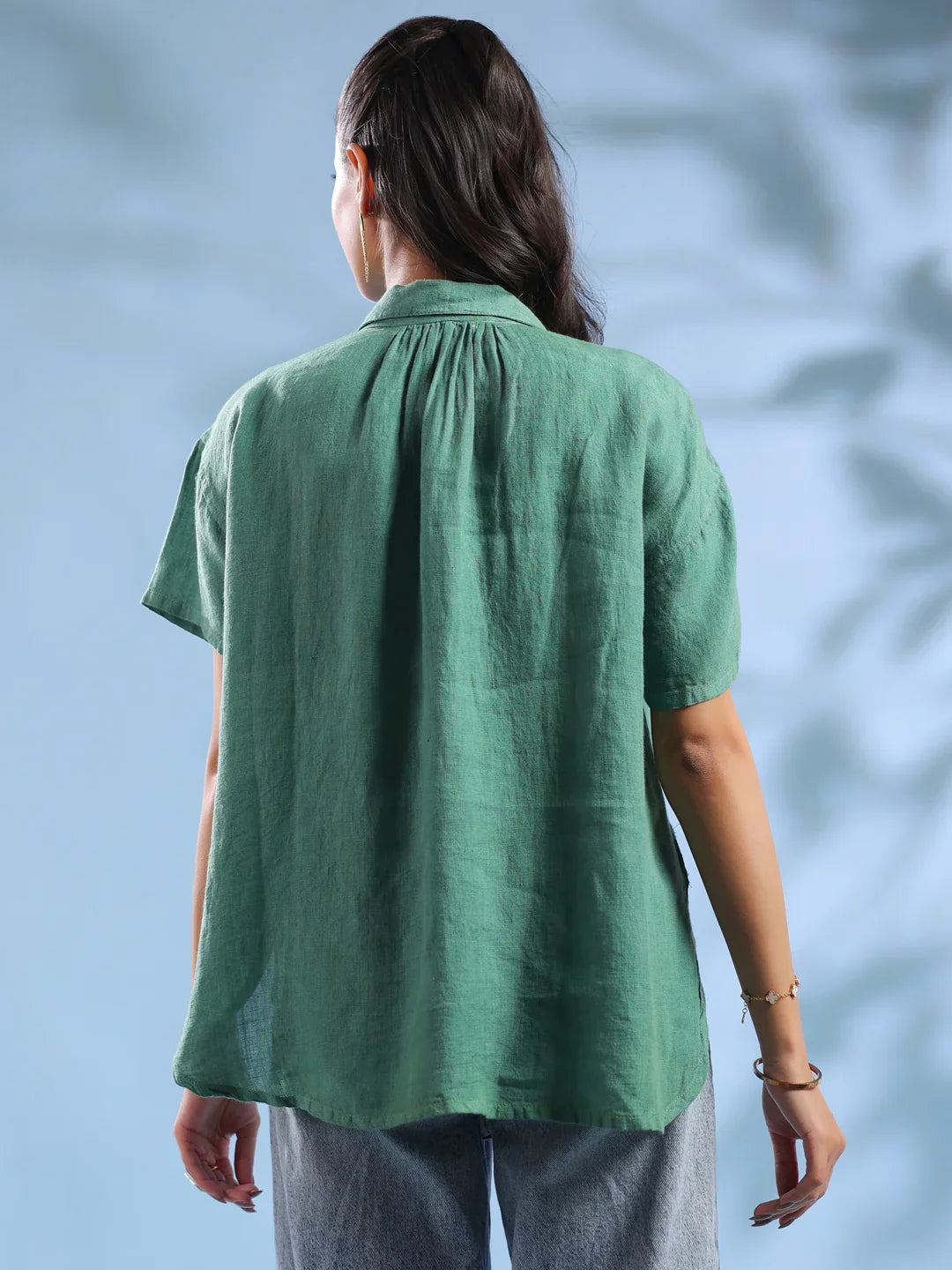 Green Solid Shirt Collar Linen Top For Women