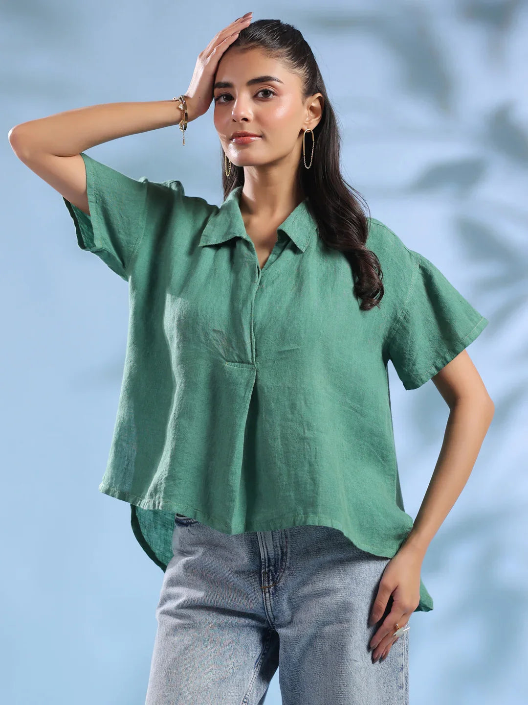Green Solid Shirt Collar Linen Top For Women