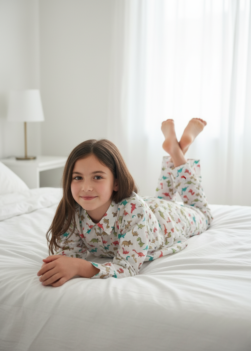 White Abstract Printed Pure Cotton Shirt Collar Night Suit for Kids