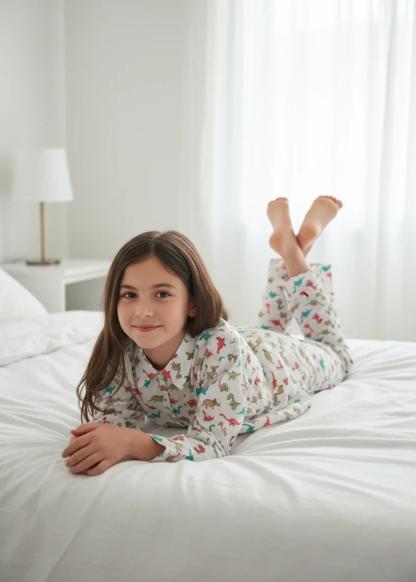 White Abstract Printed Pure Cotton Shirt Collar Night Suit for Kids - SanskrutiHomes