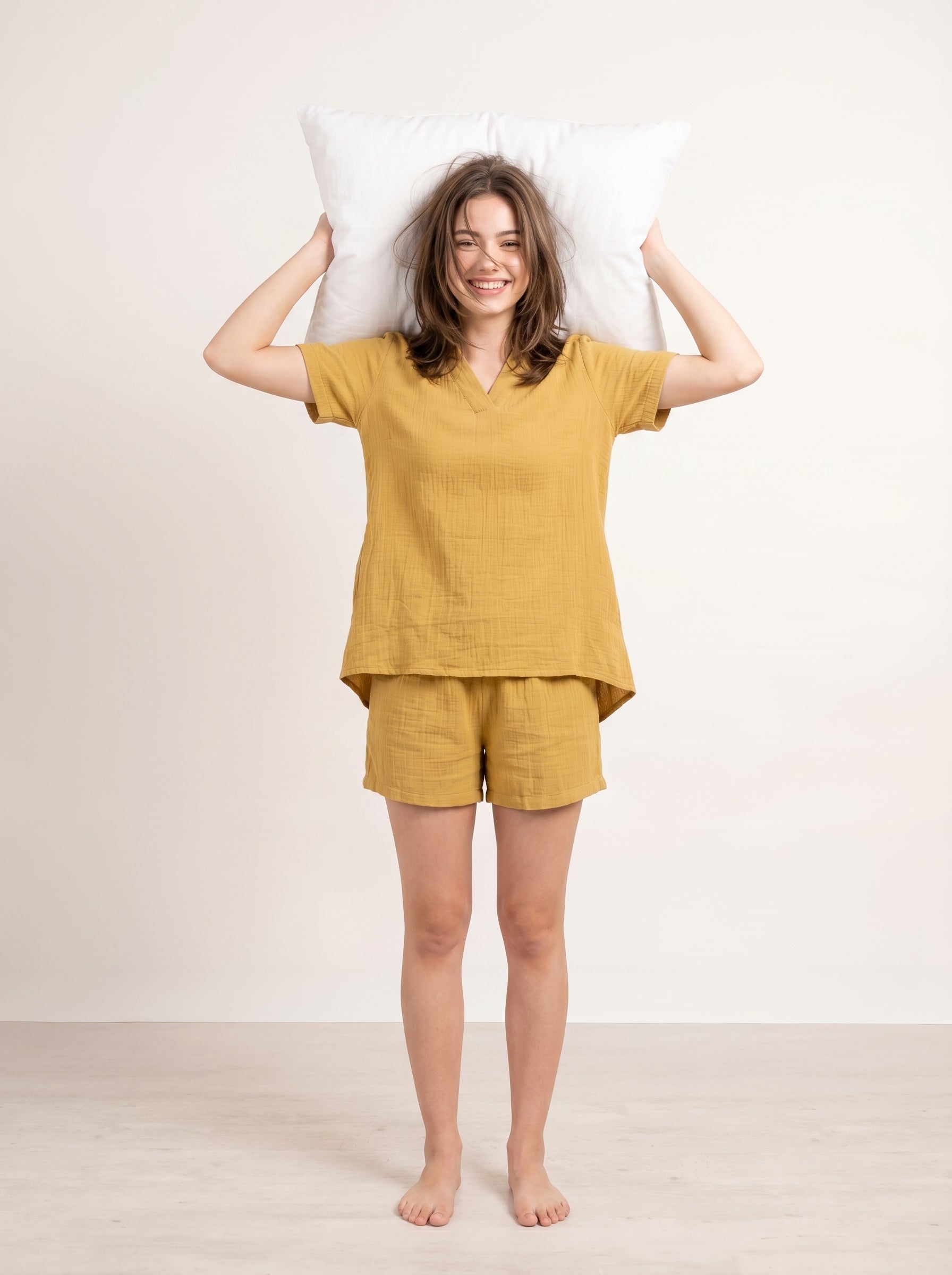 Yellow V-Neck Solid Pure Cotton Lounge set For Women