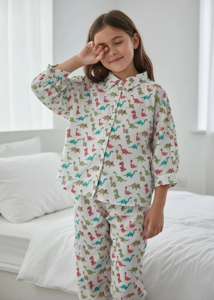 White Abstract Printed Pure Cotton Shirt Collar Night Suit for Kids - SanskrutiHomes