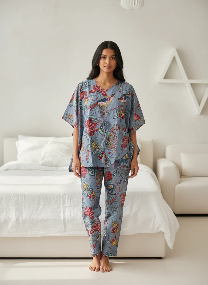 Beige Floral Printed V-Neck Night Suit Set - SanskrutiHomes