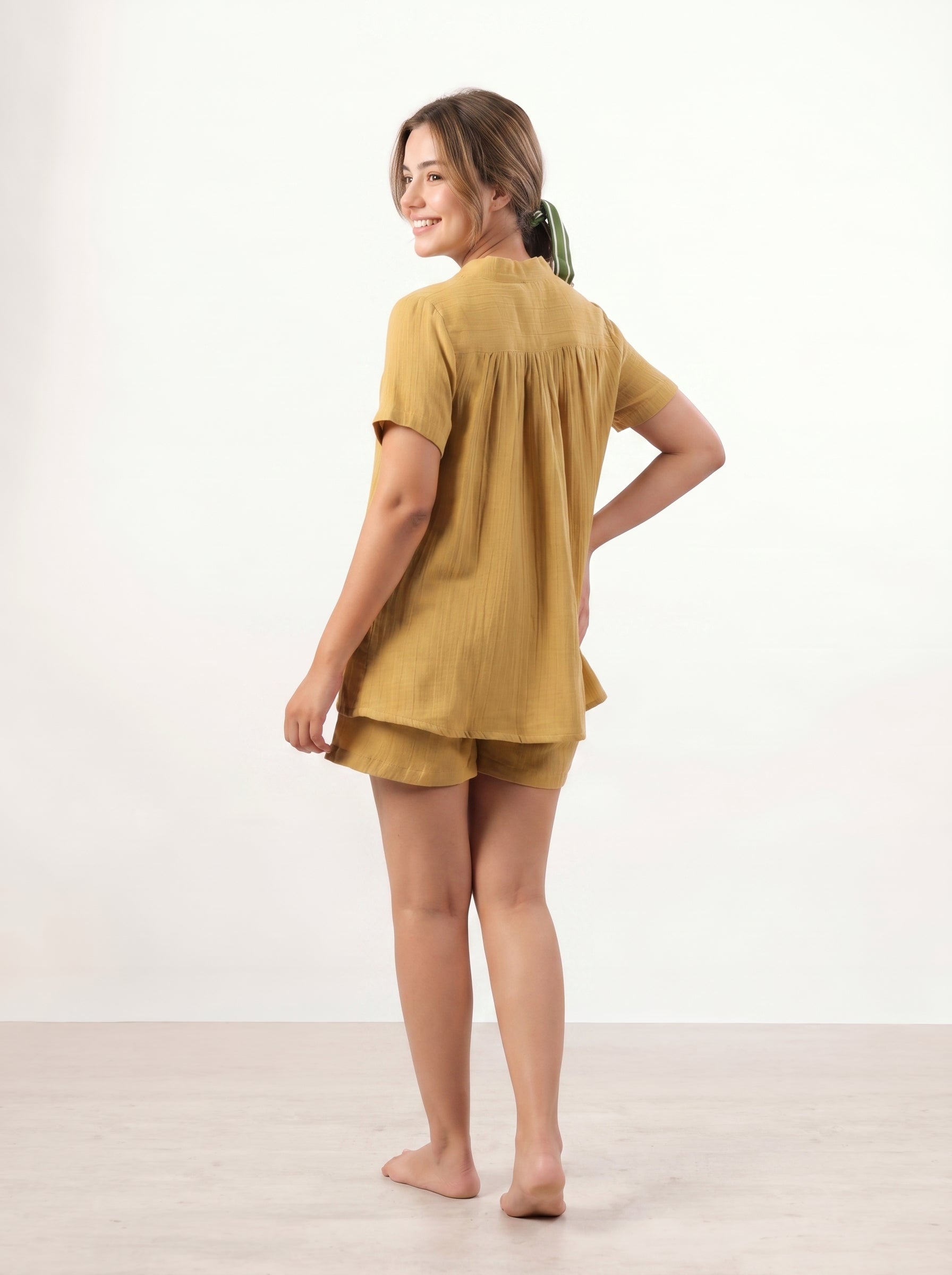 Yellow V-Neck Solid Pure Cotton Lounge set For Women