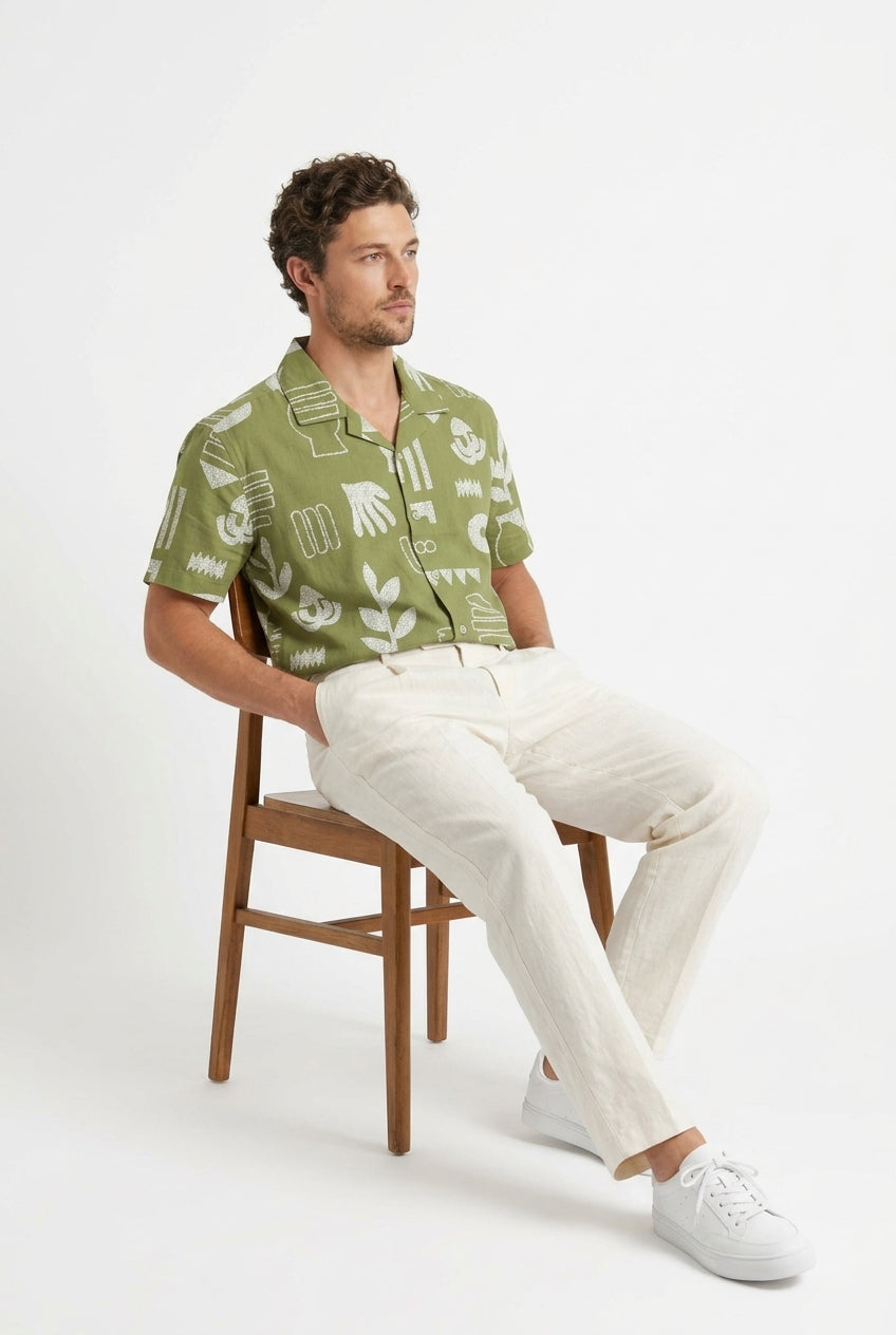 Green Abstract Print Spread Collar Cotton Casual Shirt For Men