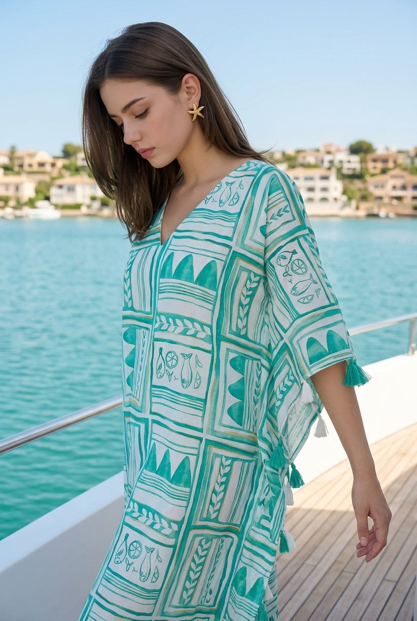 Sea Green Coastal Graphic Print V-Neck Kaftan Dress For Women