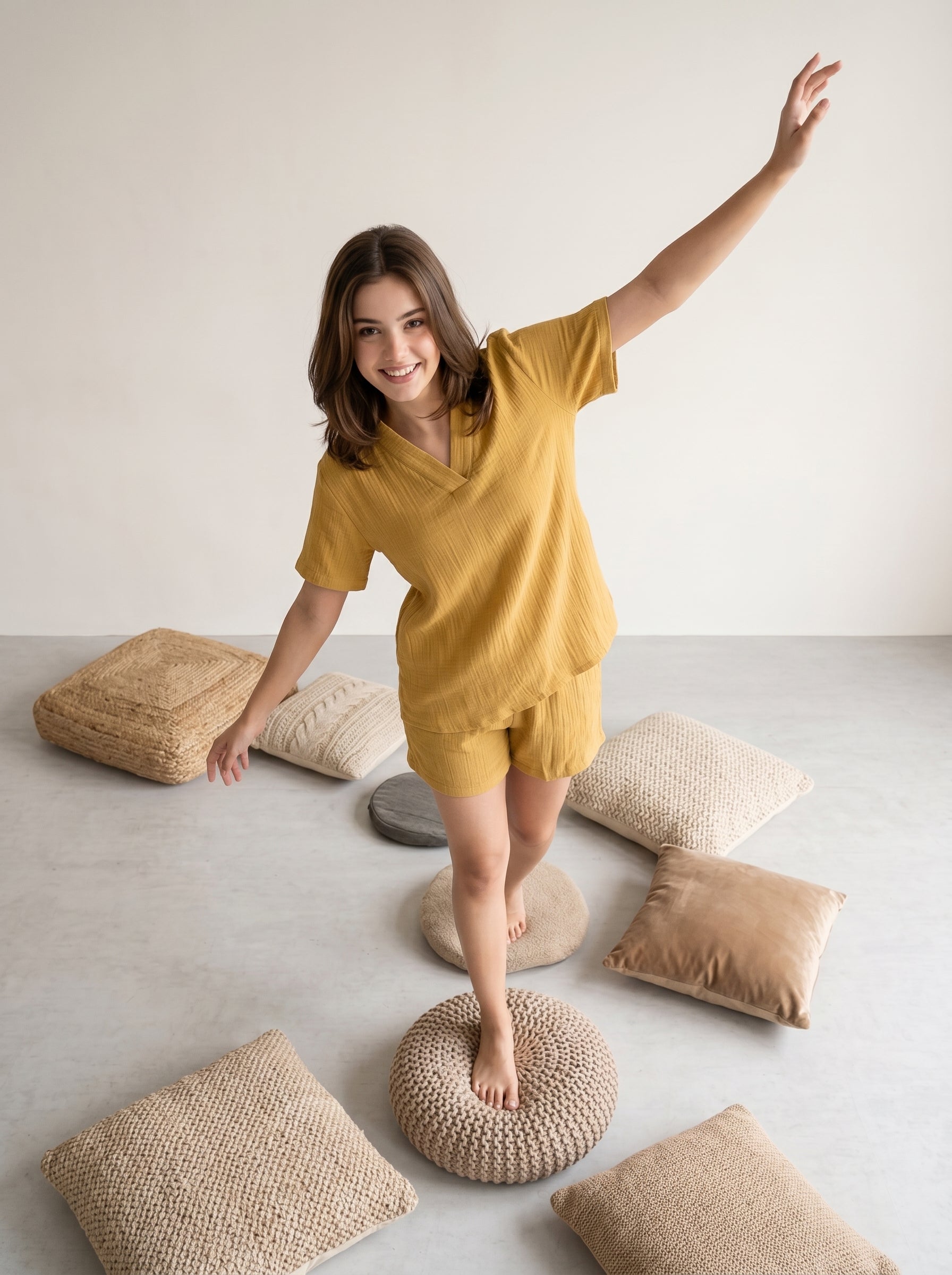 Yellow V-Neck Solid Pure Cotton Lounge set For Women