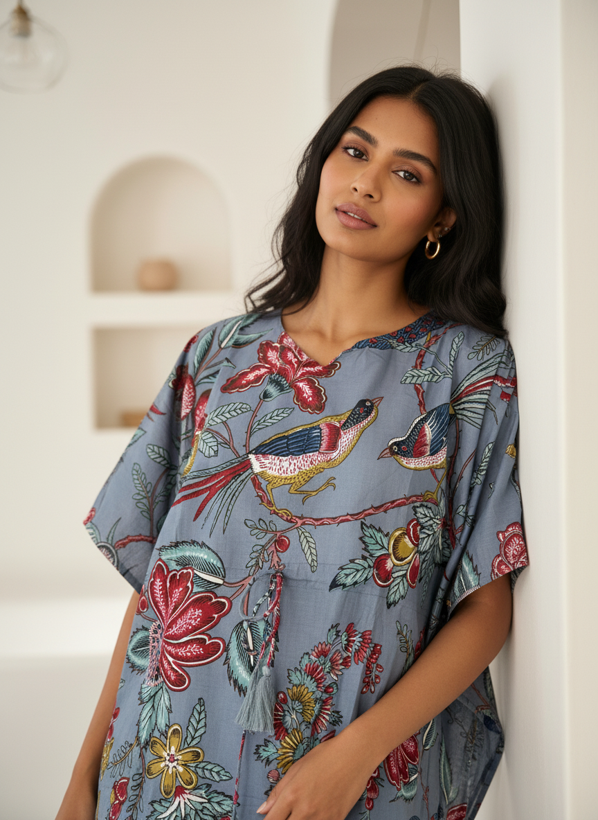 Beige Floral Printed V-Neck Night Suit Set