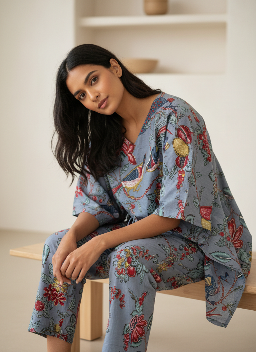 Beige Floral Printed V-Neck Night Suit Set