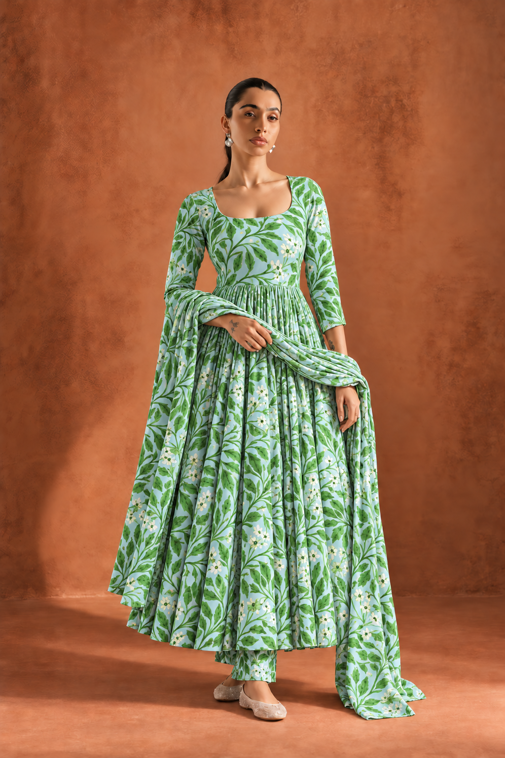 Blue Floral Print Anarkali Kurta Set With Pant & Dupatta For Women