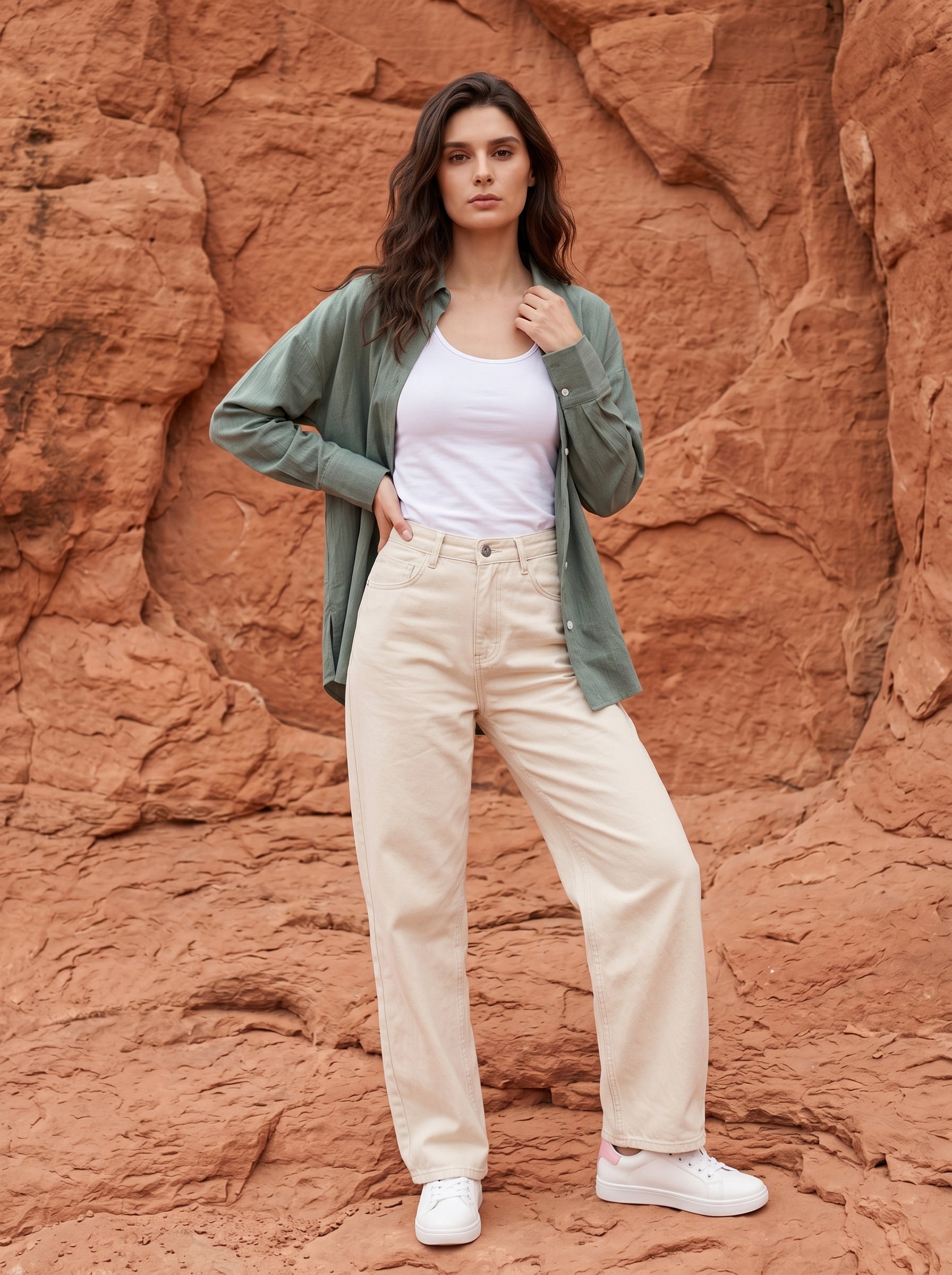 Green Solid Spread Collar Cotton Shirt For Women