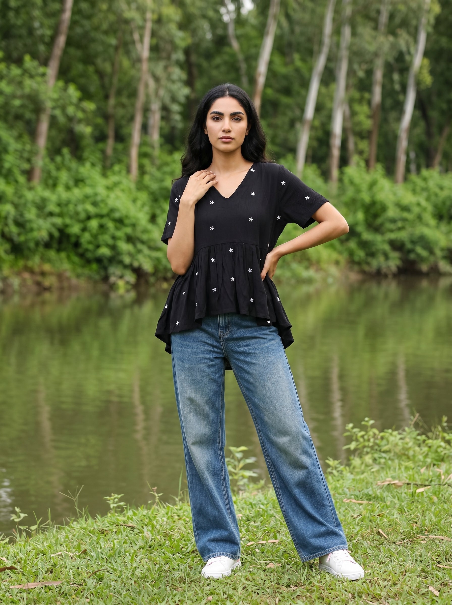 Black Floral Embroidered V-Neck Top For Women