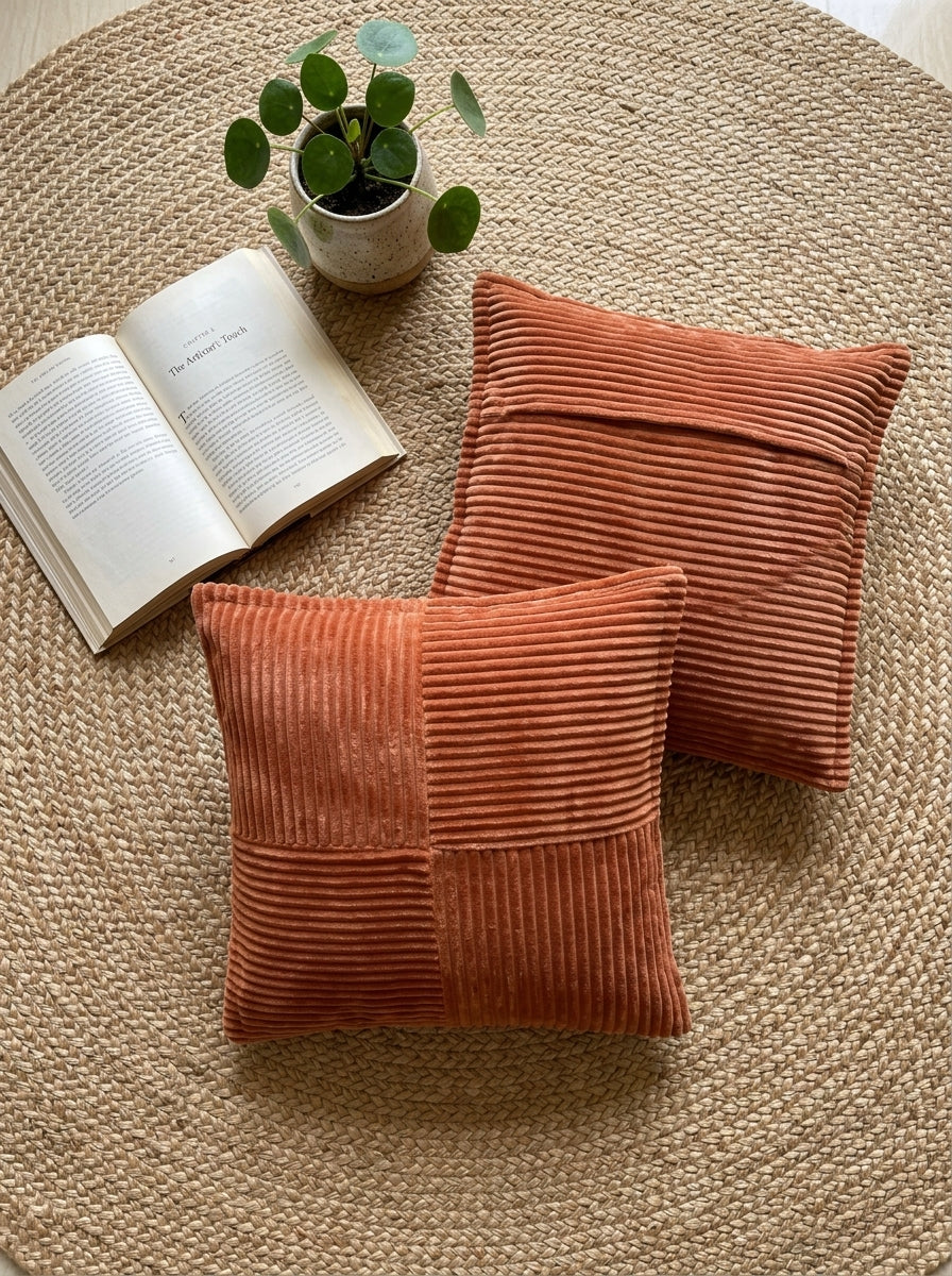 Rust Velvet Textured Striped Decorative Cushion Cover
