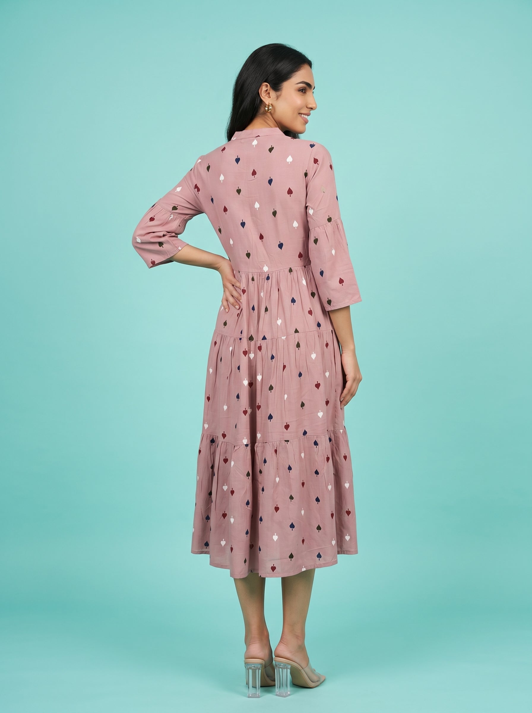 Mauve Round Neck Geometric Print Flared Dress For Women
