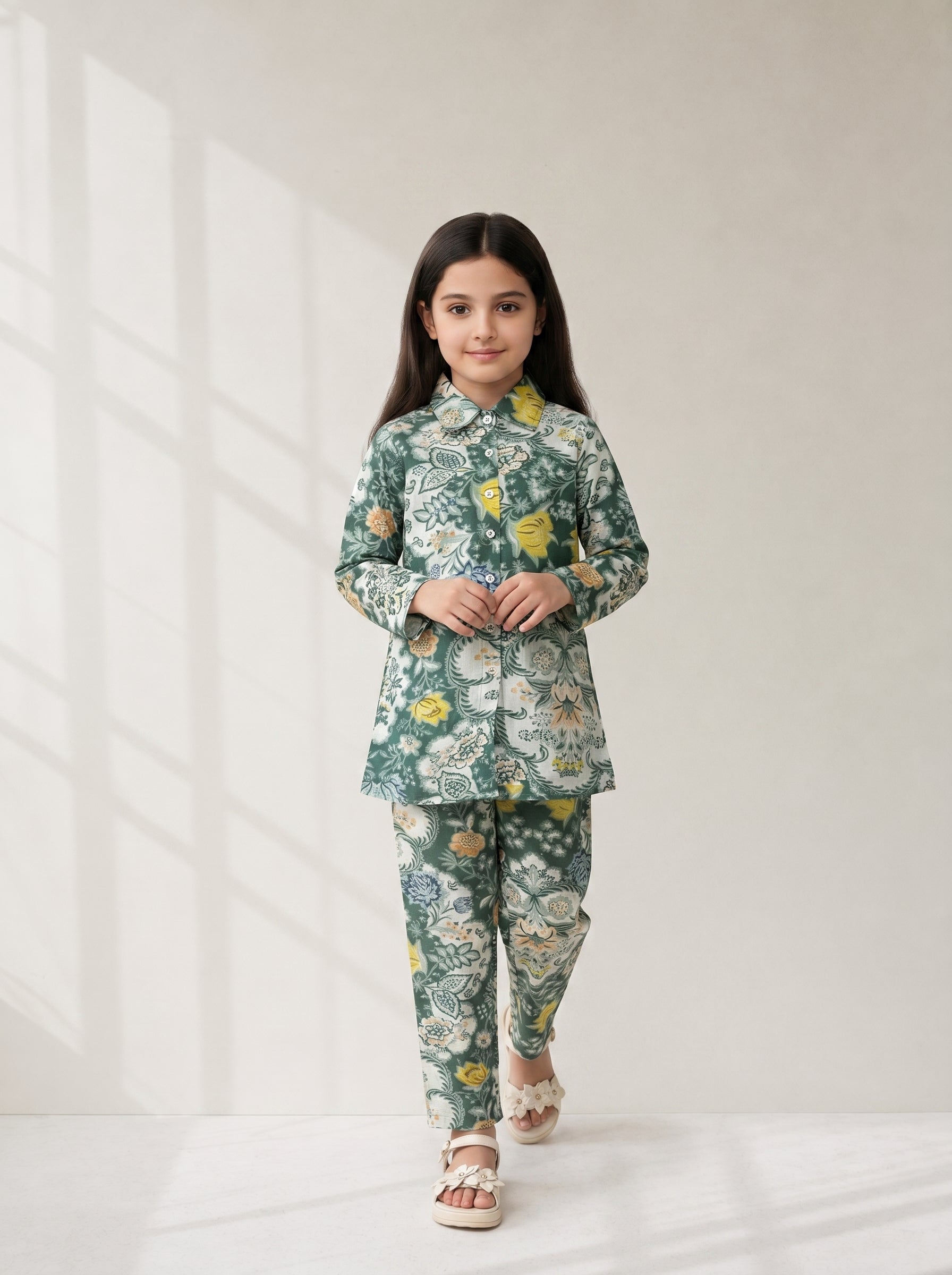 Green Floral Print V-Neck Pure Cotton Night Suit For Kids