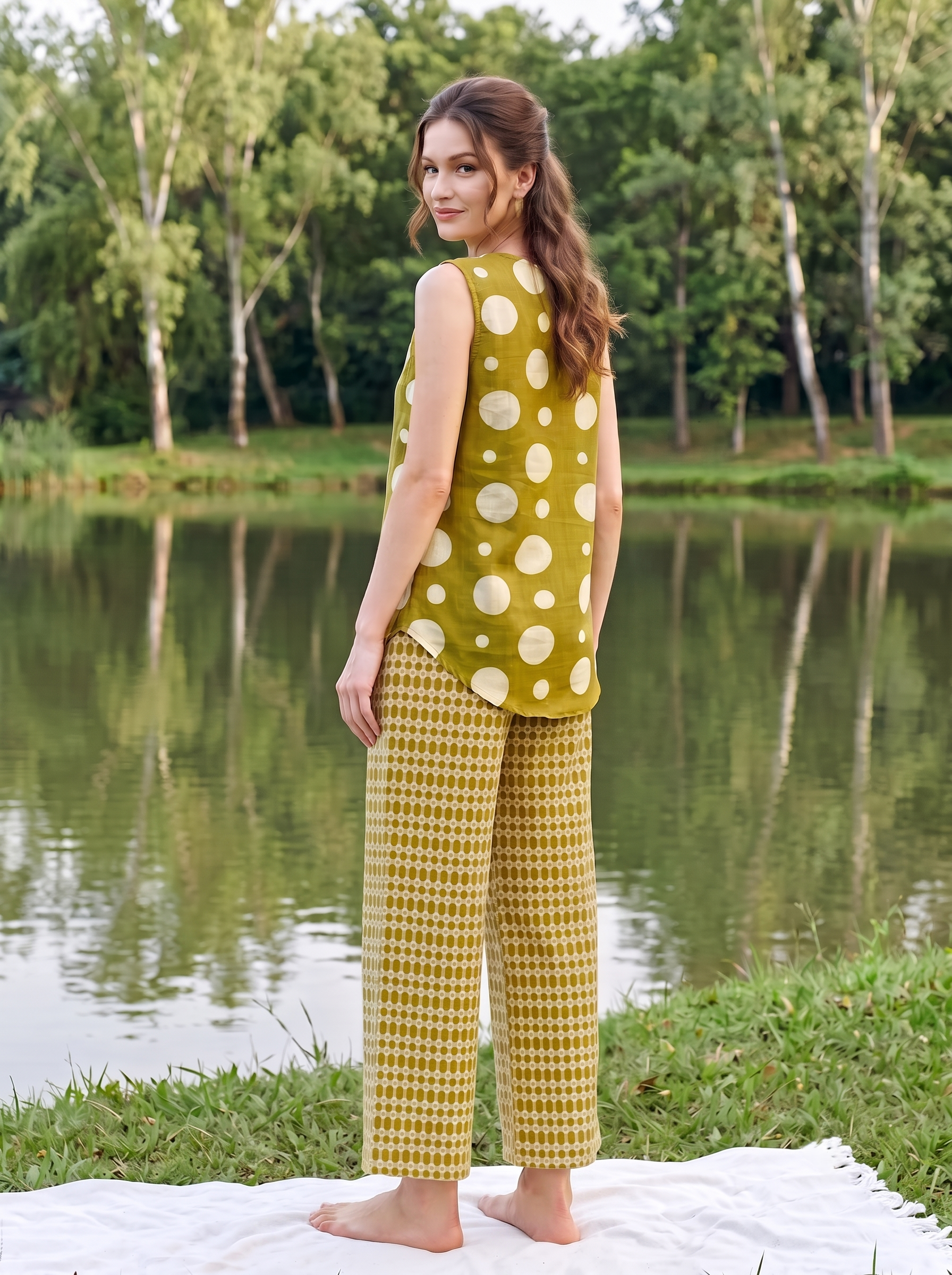 Mustard Polka Dots Round Neck Pure Cotton Night Suit For women