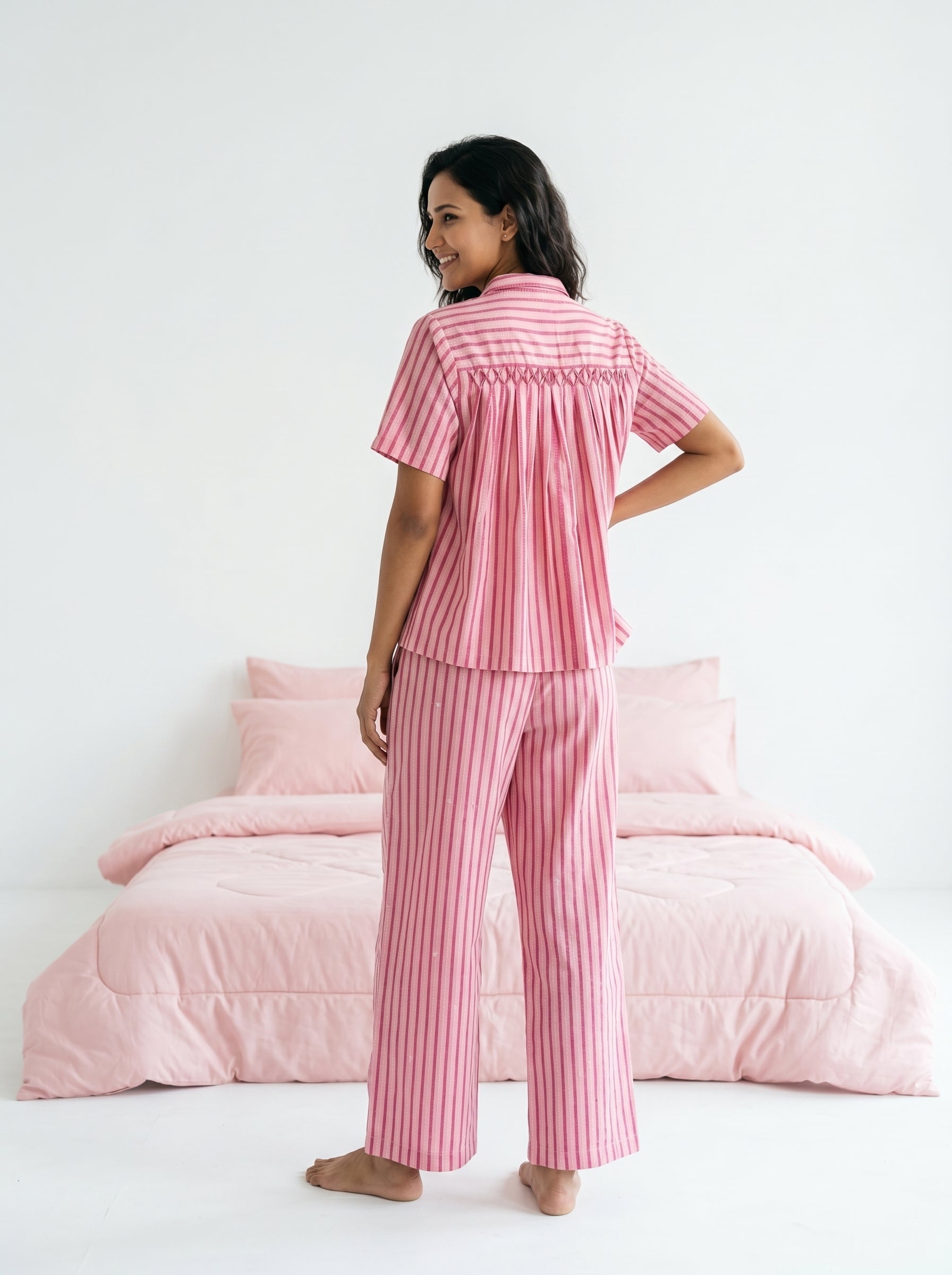 Pink Shirt Collar Stripe Print Pure Cotton Night Suit For Women