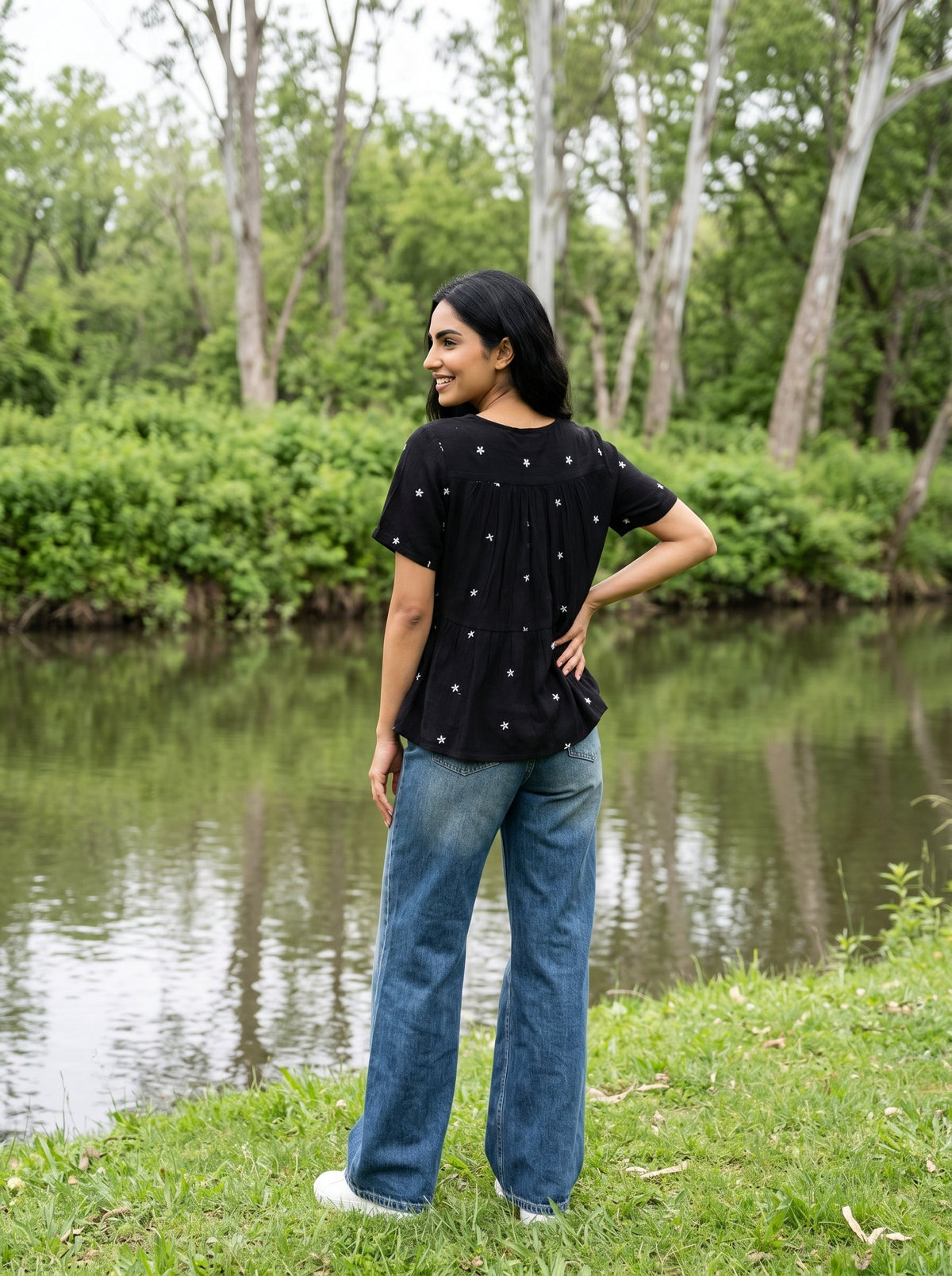 Black Floral Embroidered V-Neck Top For Women
