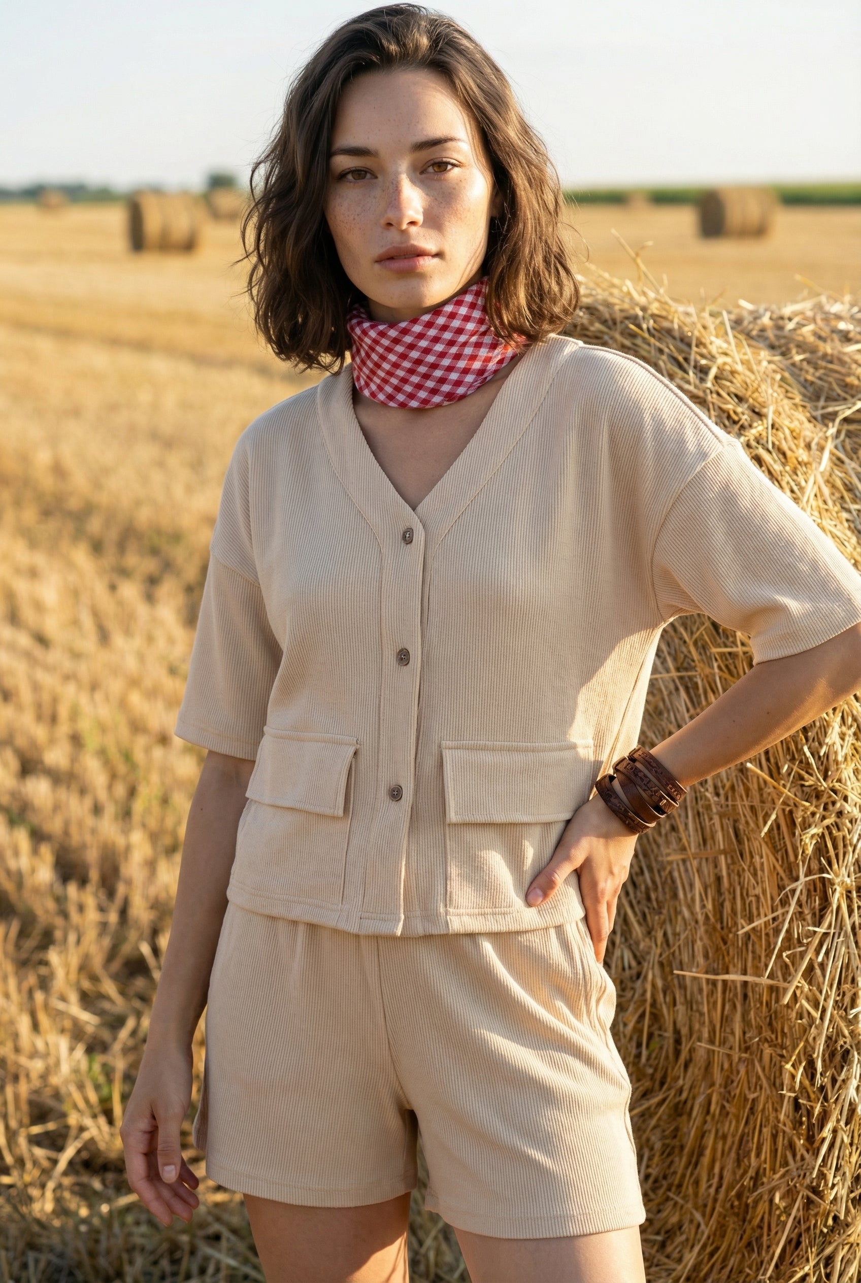 Beige Solid Lycra Shirt Collar Night Suit Set For Women