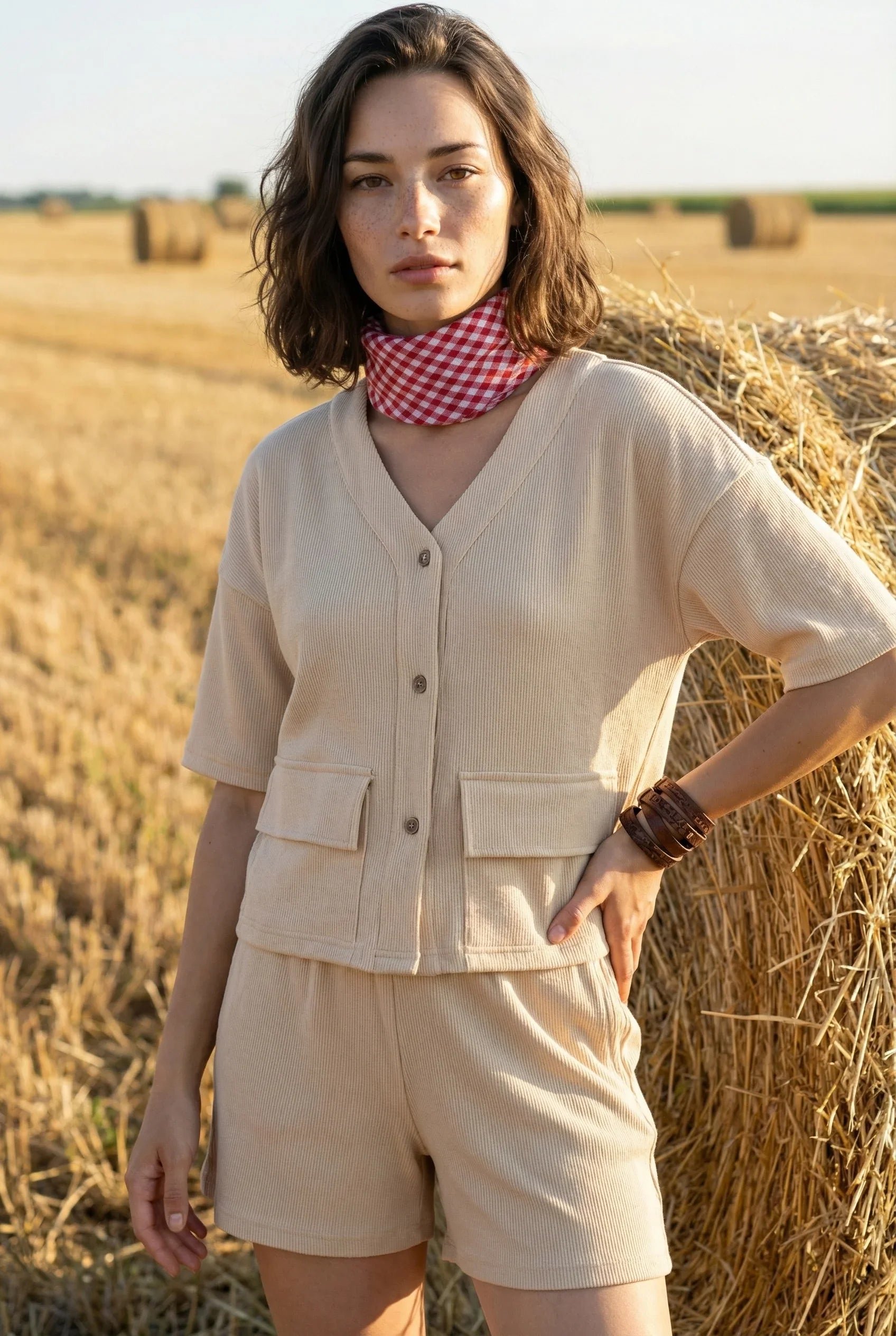 Beige Solid Lycra Shirt Collar Night Suit Set For Women - SanskrutiHomes