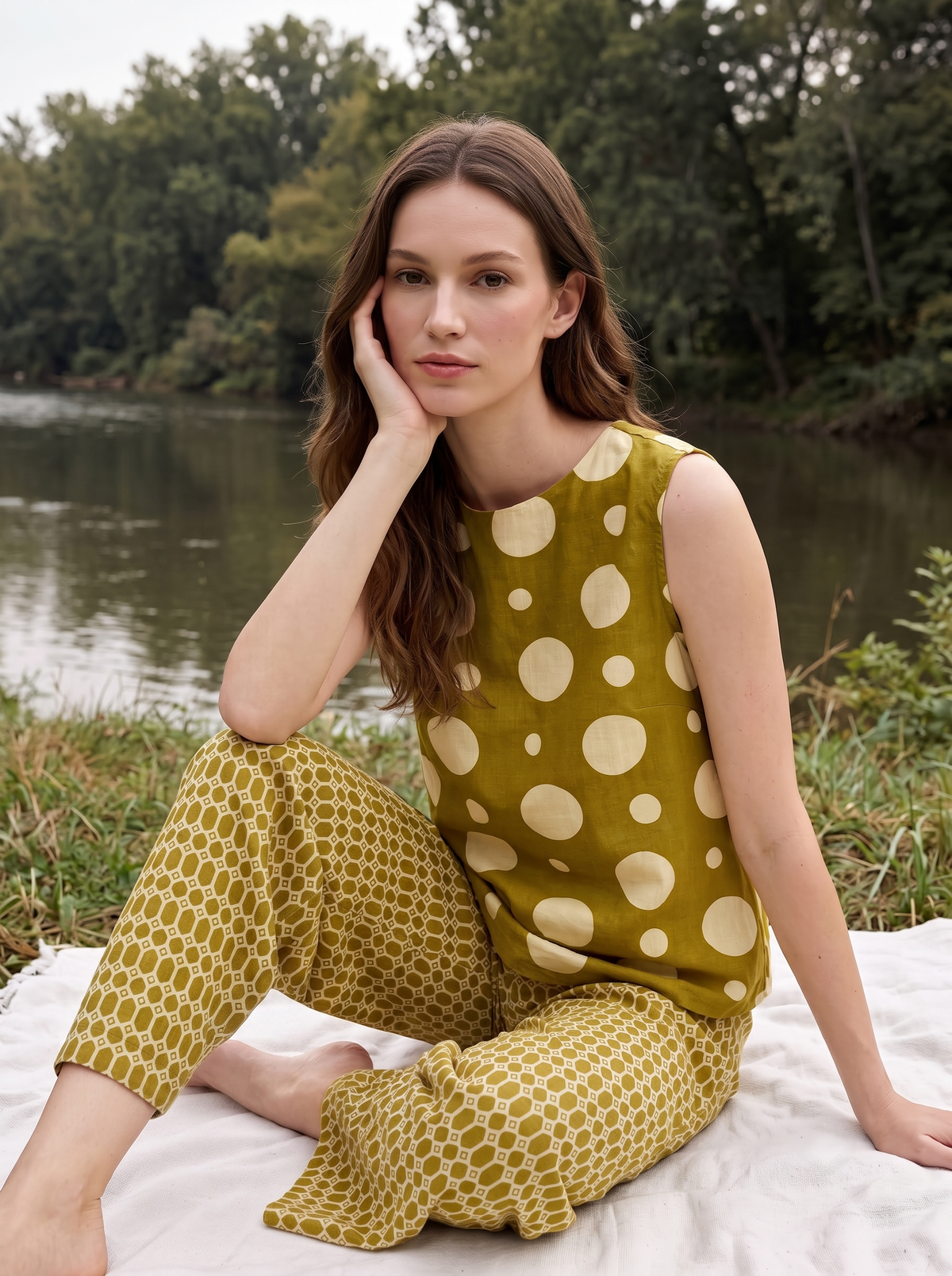 Mustard Polka Dots Round Neck Pure Cotton Night Suit For women