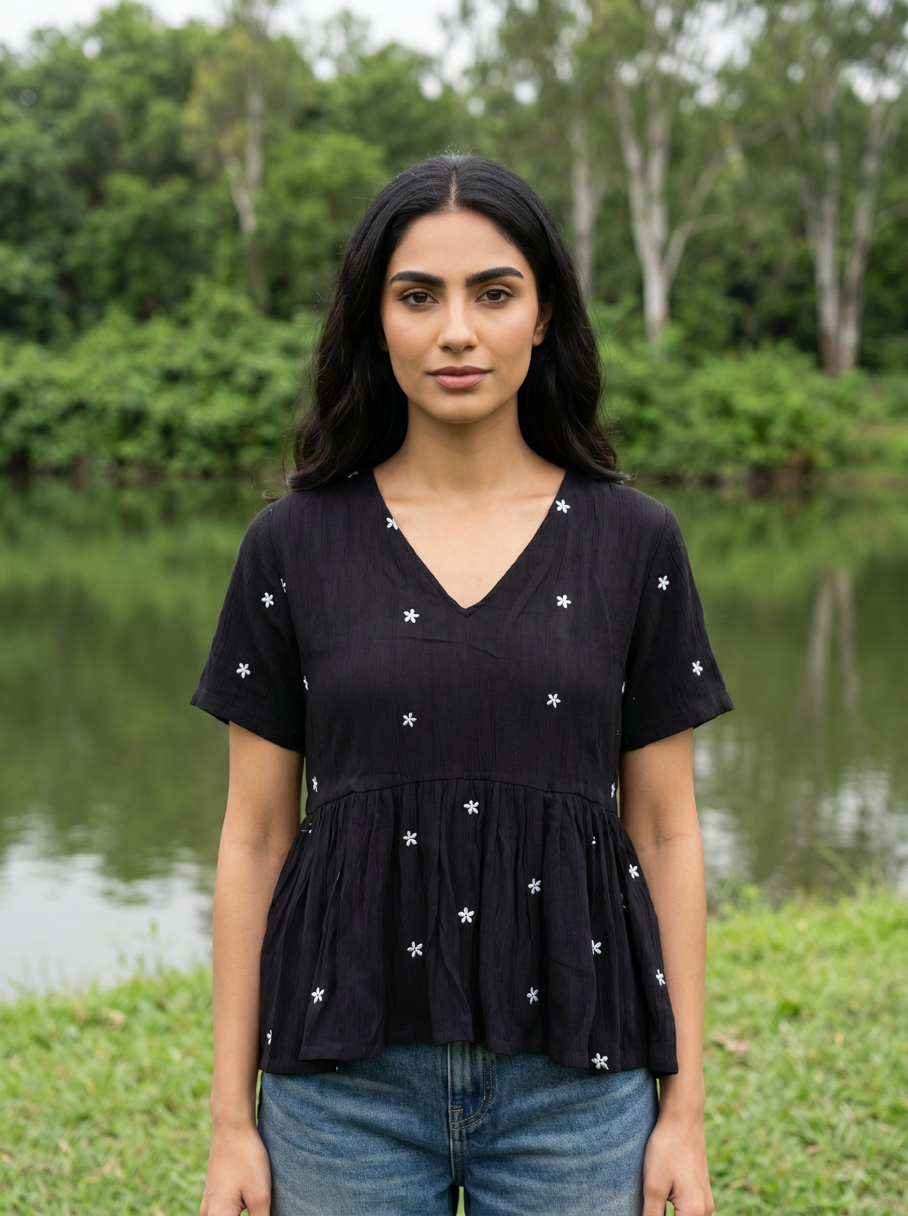 Black Floral Embroidered V-Neck Top For Women