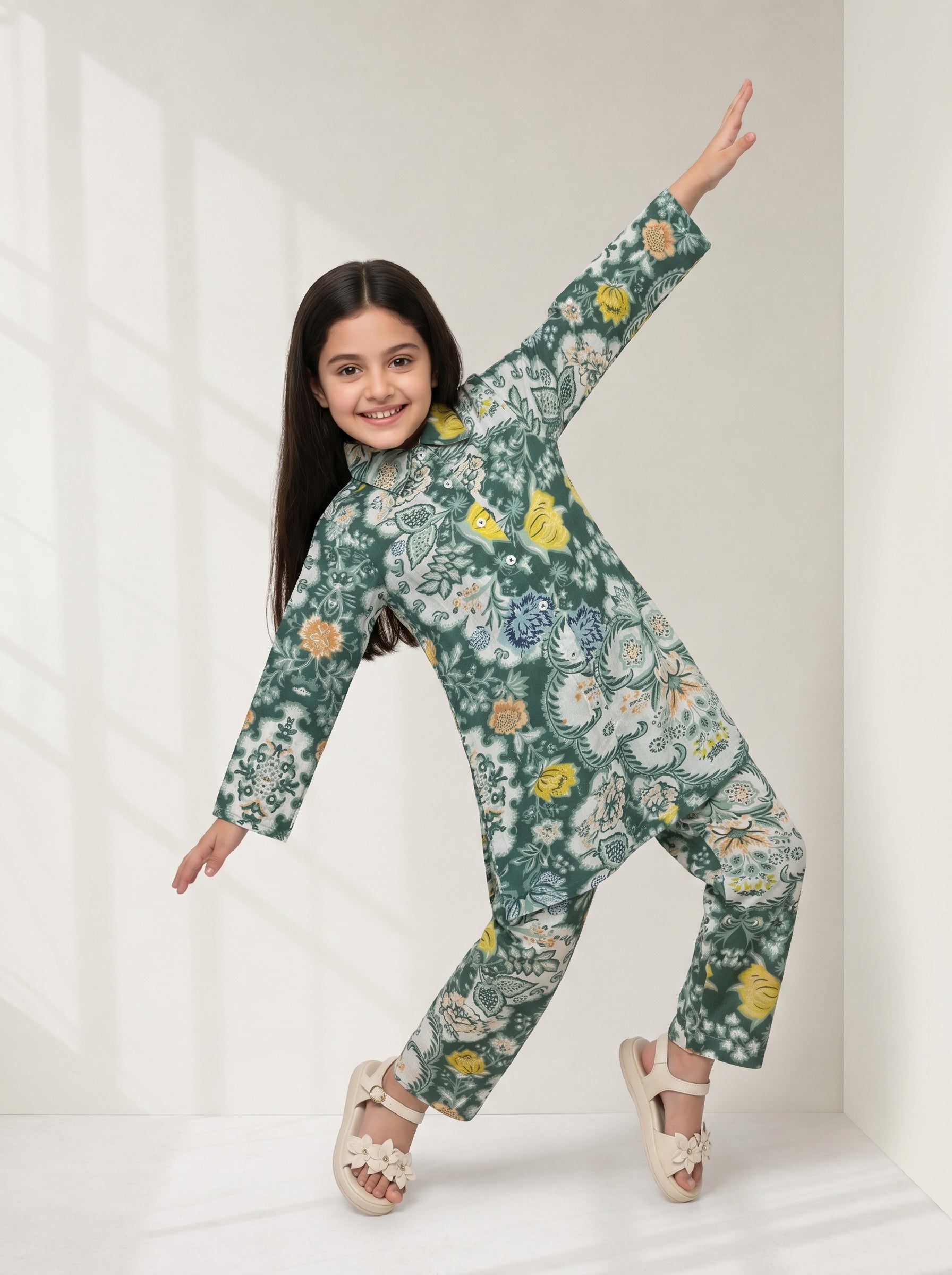 Green Floral Print V-Neck Pure Cotton Night Suit For Kids