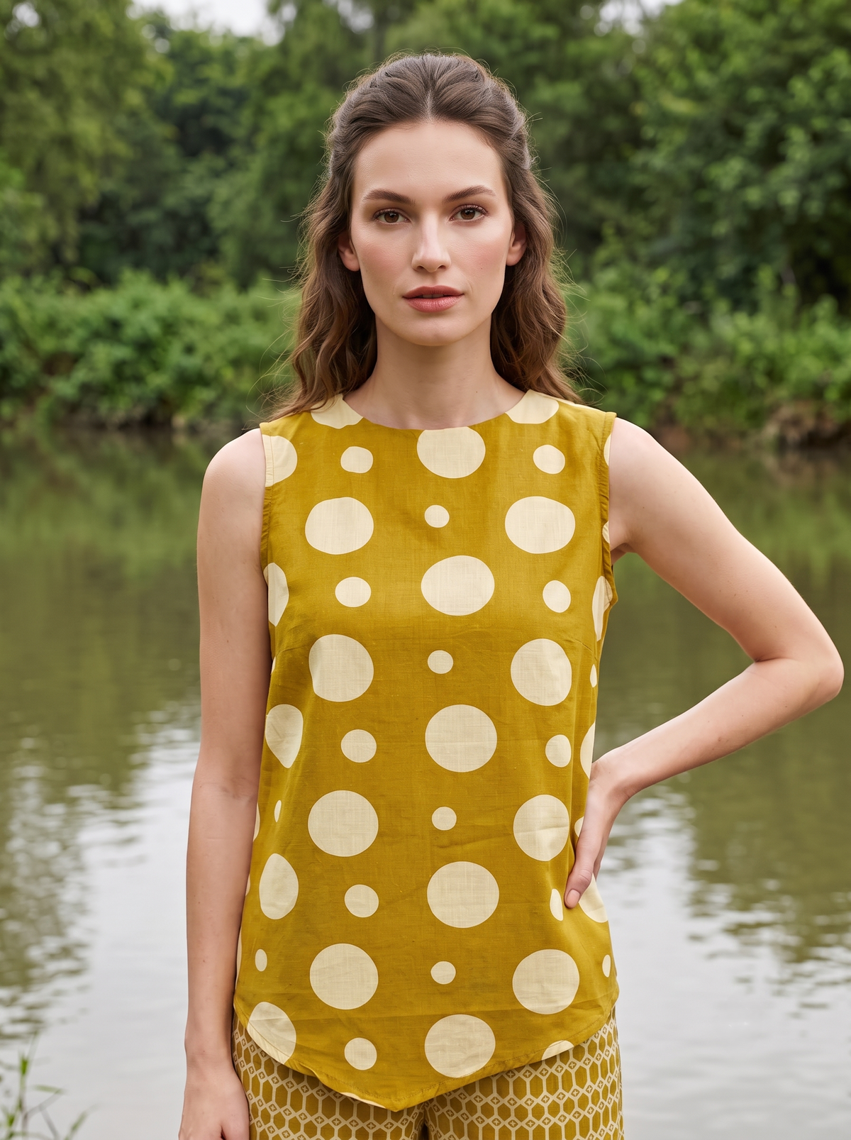 Mustard Polka Dots Round Neck Pure Cotton Night Suit For women