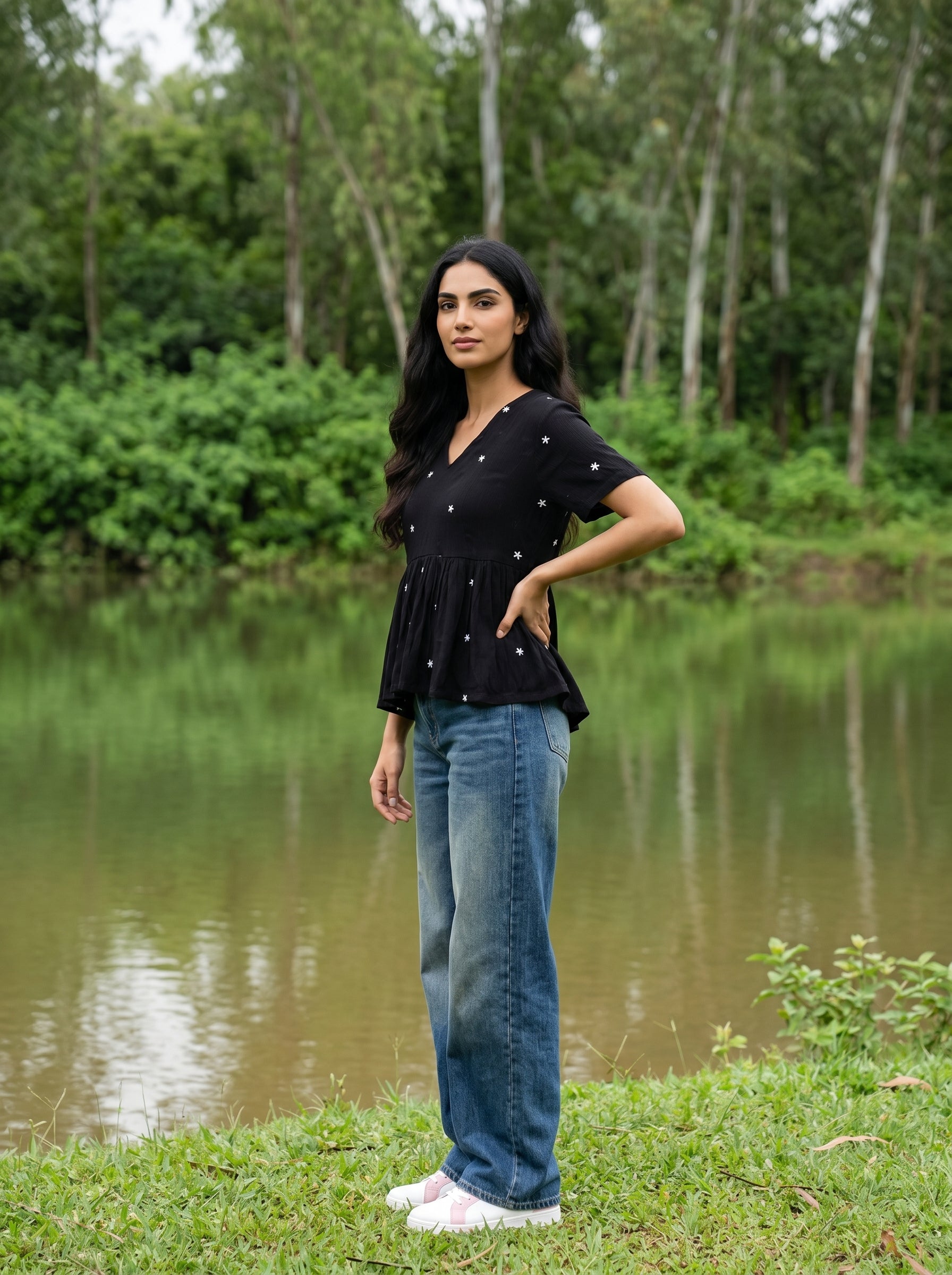 Black Floral Embroidered V-Neck Top For Women