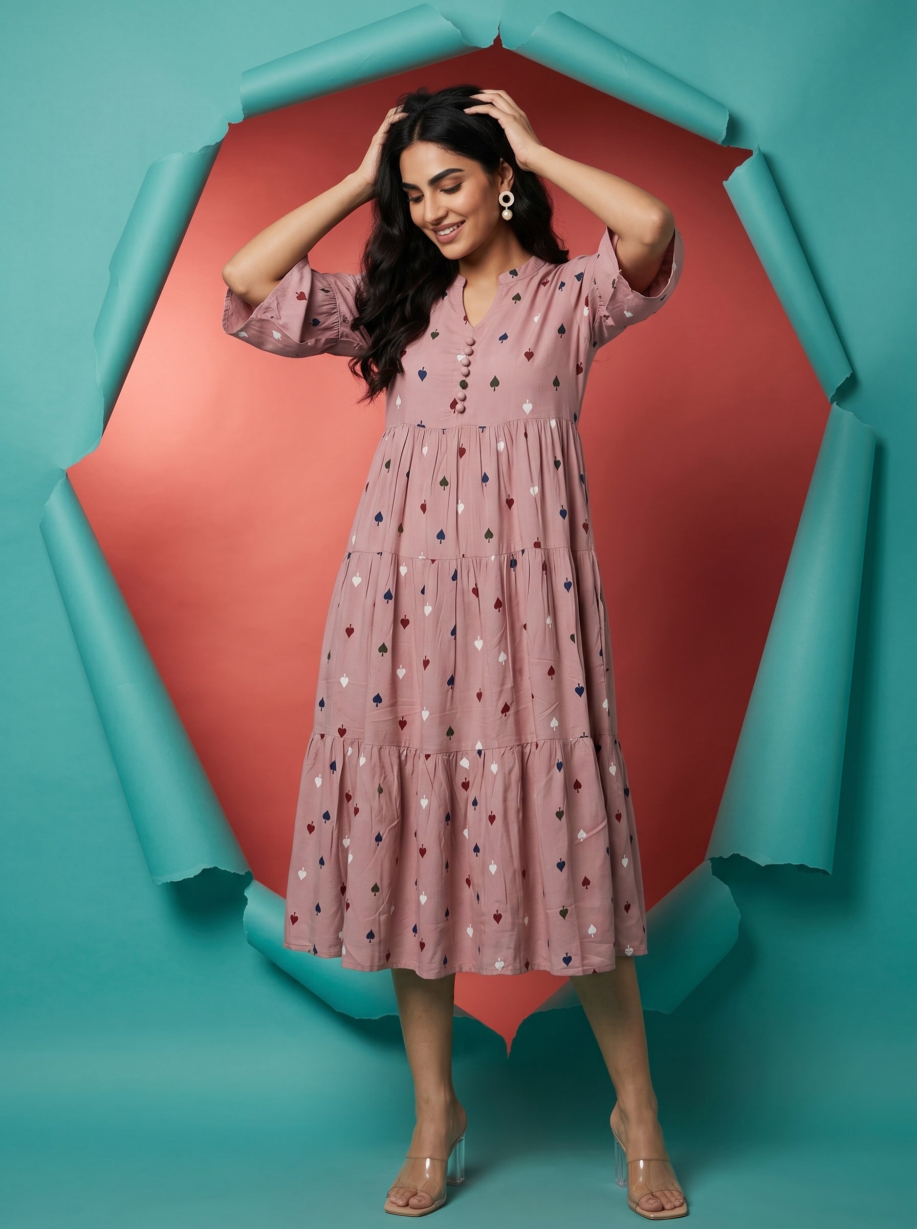 Mauve Round Neck Geometric Print Flared Dress For Women
