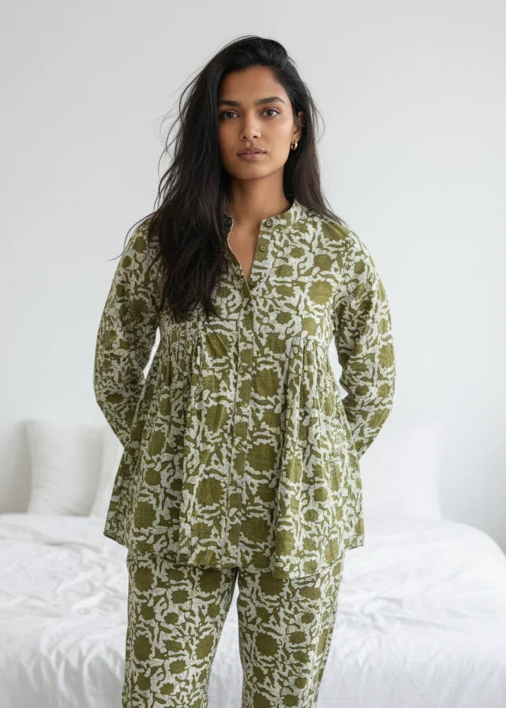 Olive Green Solid Printed Mandarin Collar Co-Ord Set for Women - SanskrutiHomes